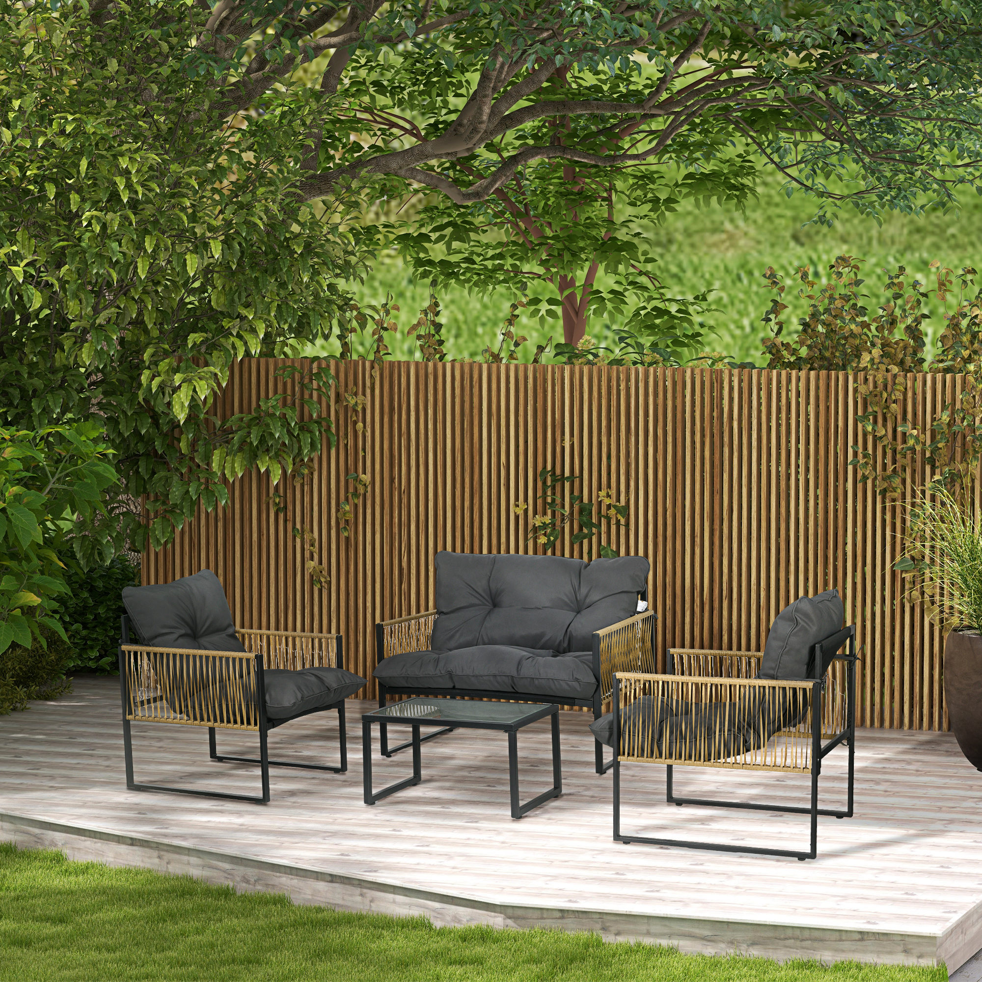 Outsunny 4-teiliges Gartenmöbelset, 2-Sitzer-Sofa, 2 Sessel und 1 Couchtisch mit gehärteter Glasplatte, 3 Kissen - Grau