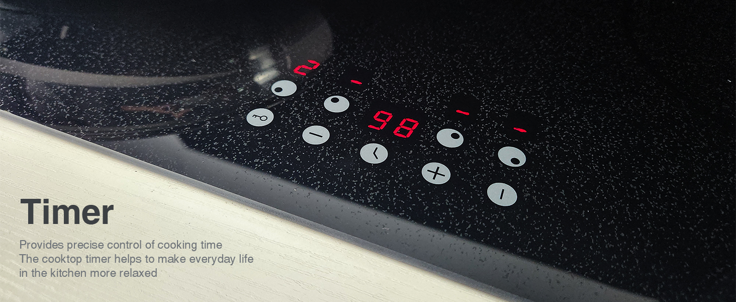 Pannello di controllo digitale del timer su una superficie nera, probabilmente per un apparecchio da cucina. Dispone di display a LED rosso e diversi pulsanti circolari bianchi per la regolazione dell'ora e della temperatura.