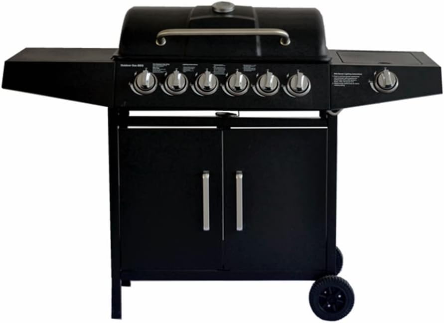 Barbecue 6+1 a gas, con vassoio raccogli olio, tavoli laterali, coperchio e ruote, per giardino, terrazza, campeggio