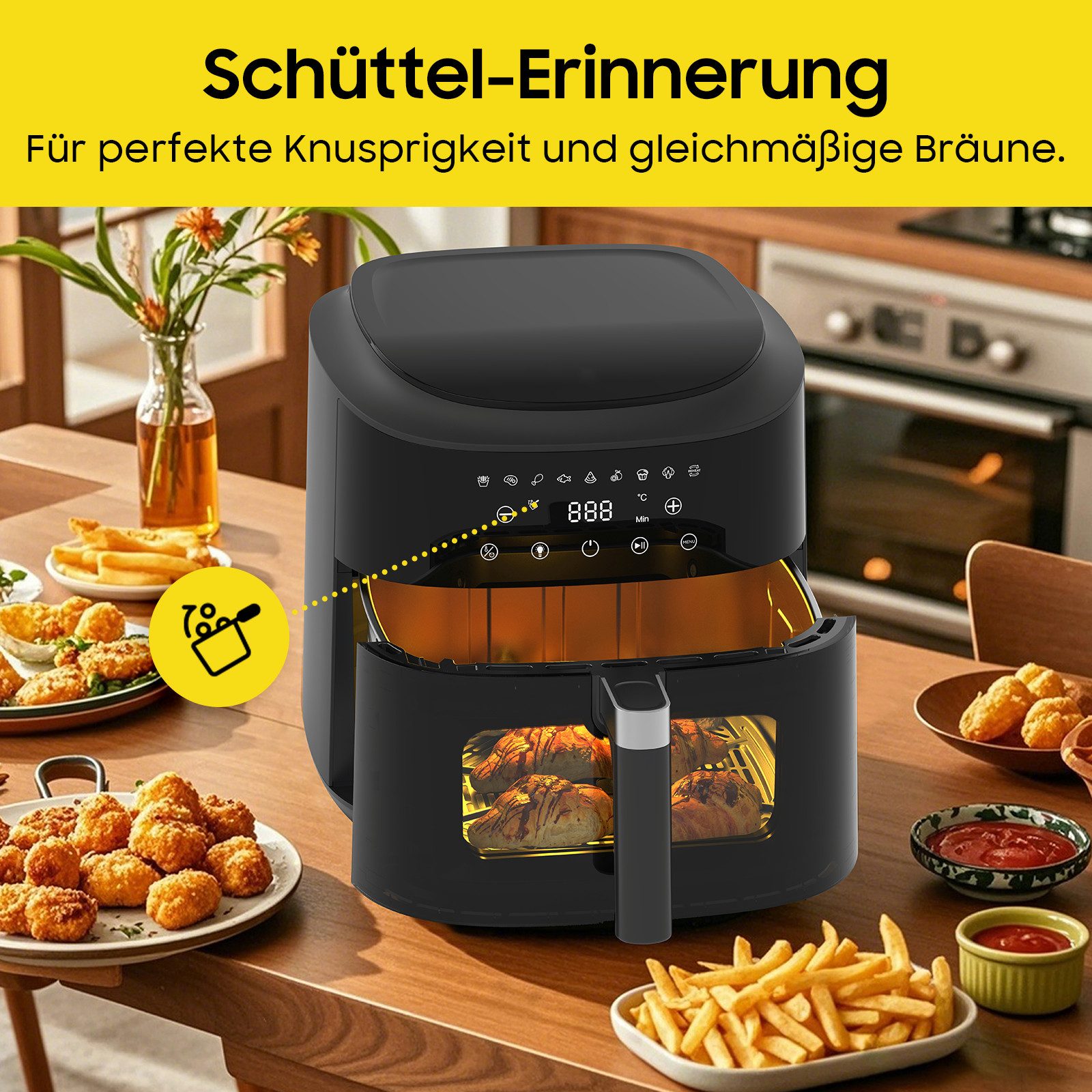 Heißluftfritteuse 9 Liter, XL Airfryer mit Sichtfenster, Touchscreen, 360° Heißluft-Technologie