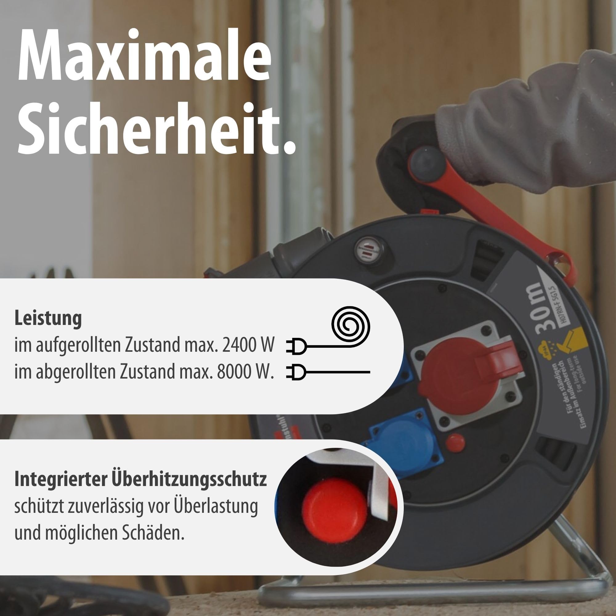 CEE-Kabeltrommel 30m H07RN-F 5G1,5 IP44 mit CEE-Stecker 400V/16A, 2 Schutzkontakt-Steckdosen 230V und Überhitzungsschutz