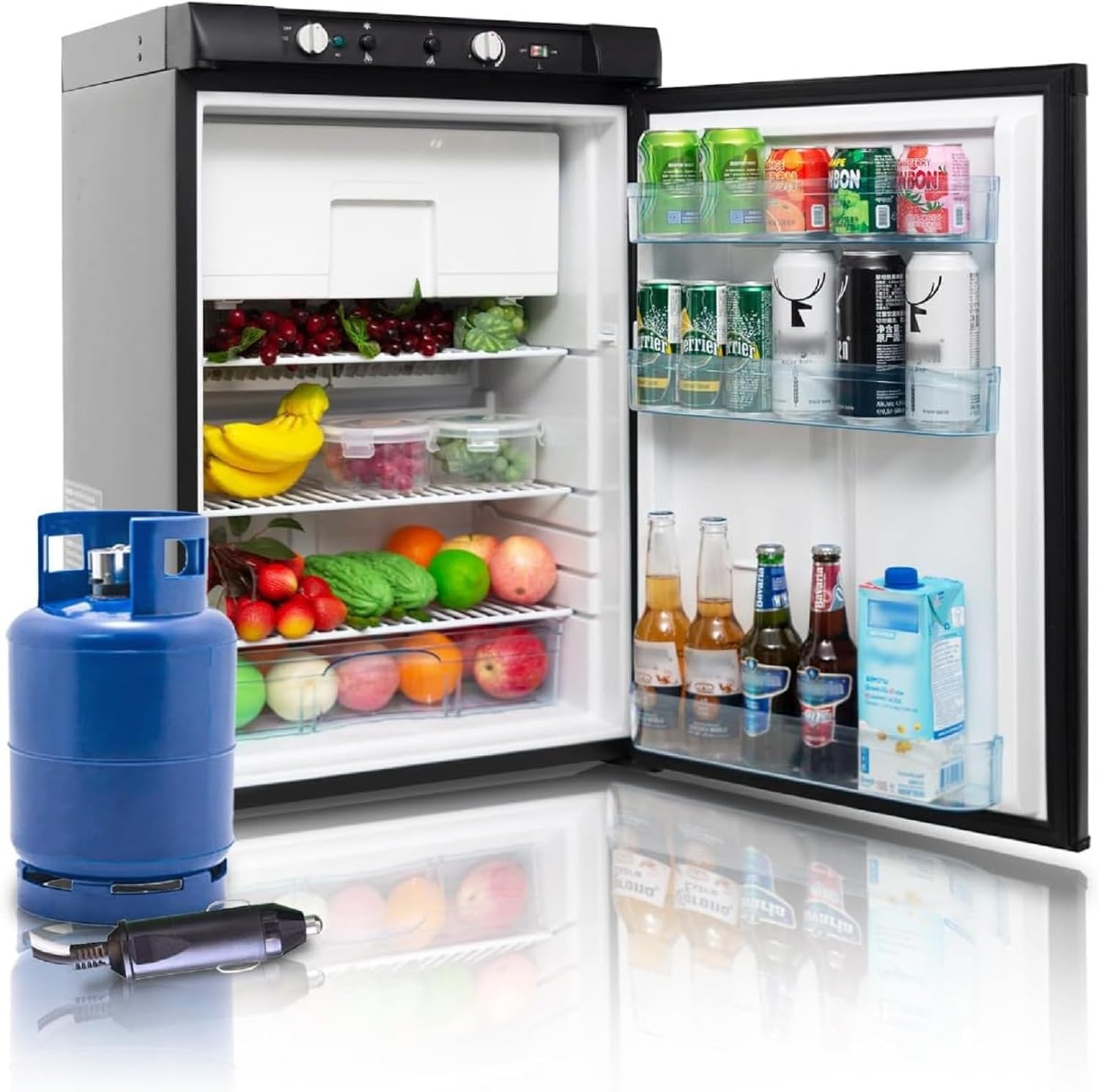 SMETA Gas Kühlschrank mit Gefrierschrank,Camping Kühlschrank Gas,Kühl-Gefrierkombination 100L,Leiser Kühlschrank,12v 230v Gas Propangas für Ferienhaus Wohnmobil Reisemobil Garage,Schwarz