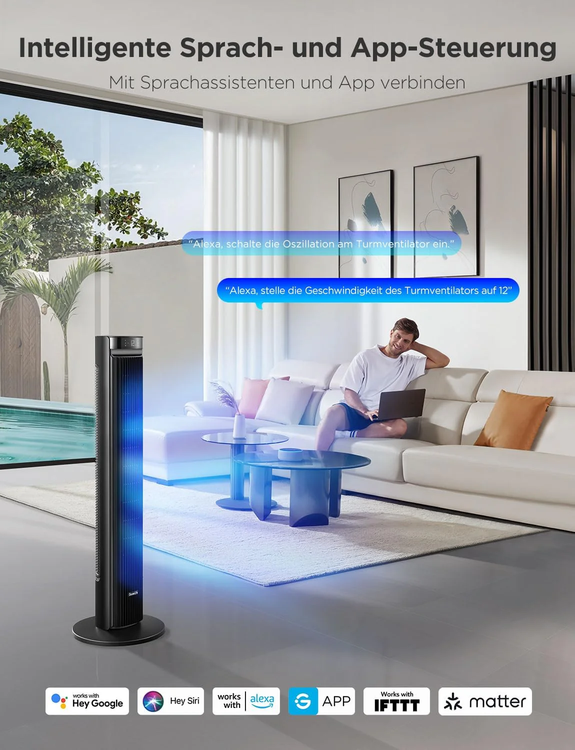GoveeLife 27 dB stille ventilator, 12 snelheden tot 8 m/s, 5 standen, 24-uurs timer, slimme torenventilator met 150�� oscillatie, app- en spraakbediening voor thuis, zwart