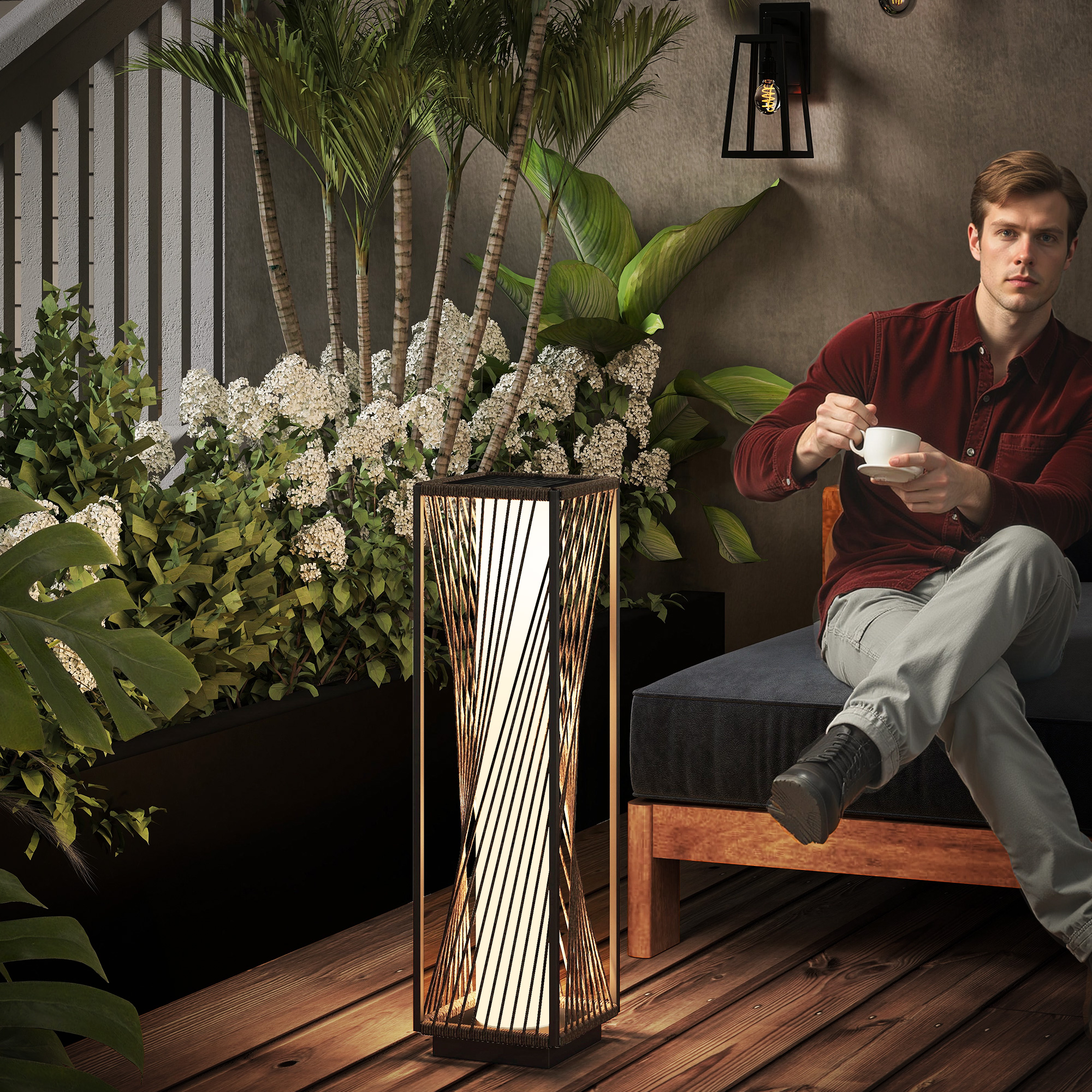 Outsunny Solar Stehlampe Rattan mit Lichtsensor 25 LED Solarlampen im Boho-Stil IP44 Wasserdicht Schwarz+Grau