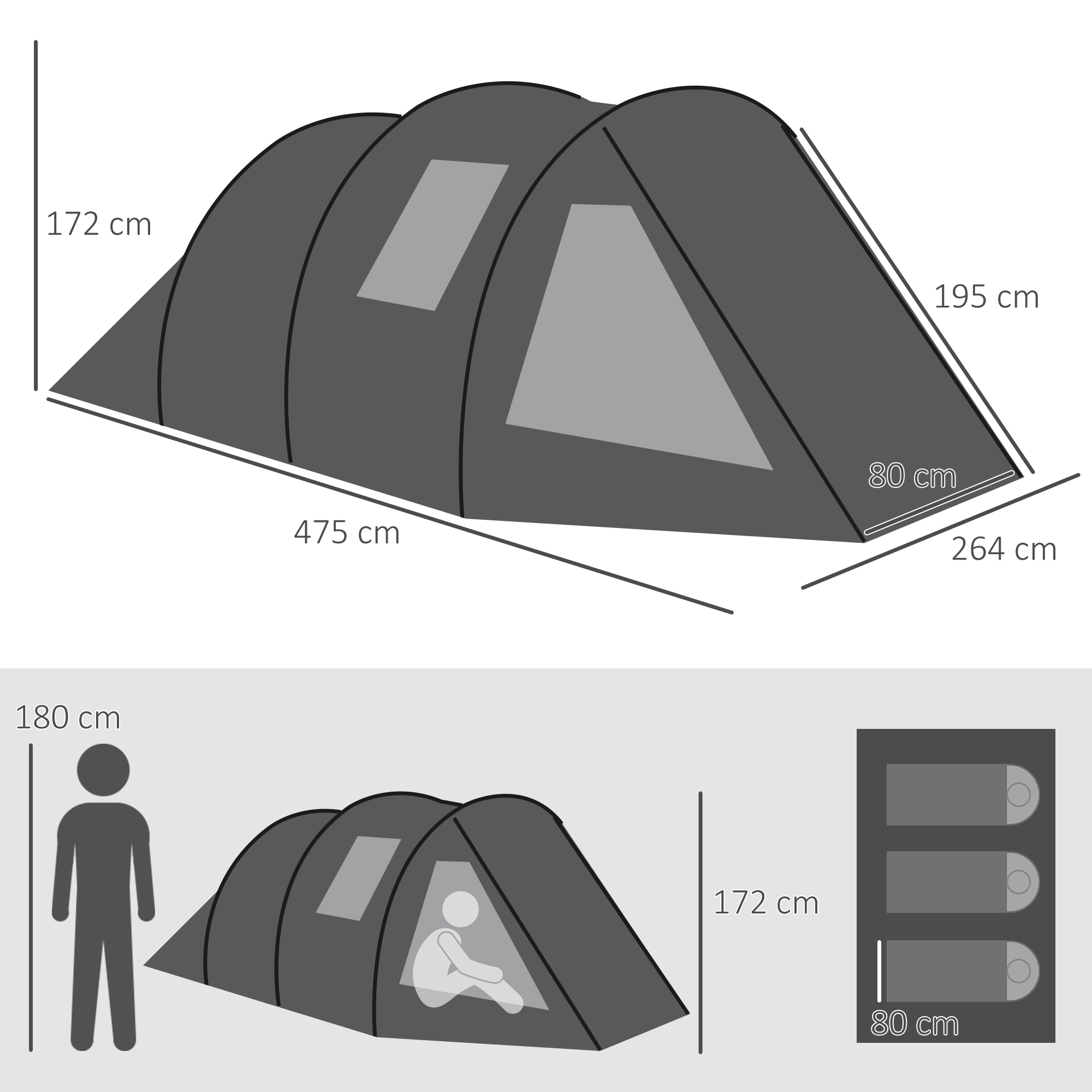 Kampeertent Trekkingtent Tent, weerbestendig, 2 kamers,  475 x 264  cm breedte x 172, Zwart