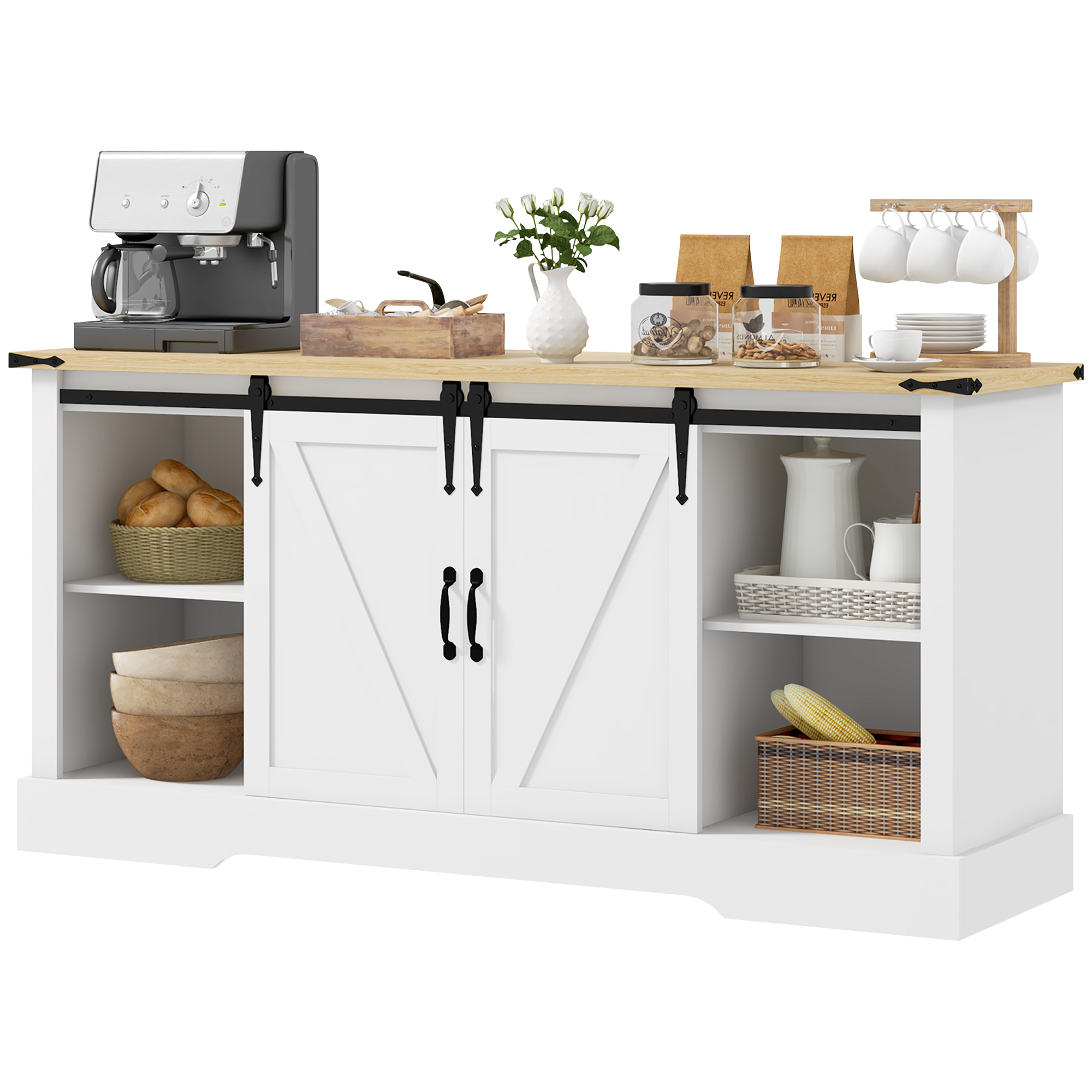 HOMCOM Buffet Aufbewahrungsmöbel mit 2 Schiebetüren verstellbaren Regalen 150L x 40T x 72H cm aus Holz Weiß Eiche