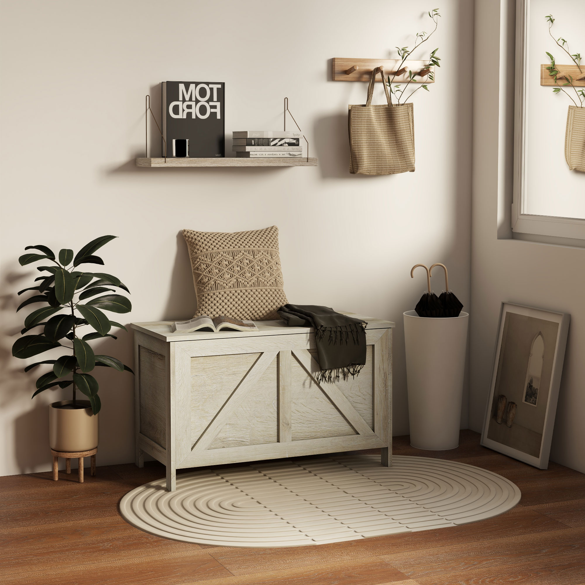 HOMCOM Aufbewahrungsbox mit aufklappbarem Deckel und Sicherheitsscharnieren zum Öffnen um 100 ° 76L x 39B x 48H cm Naturholz