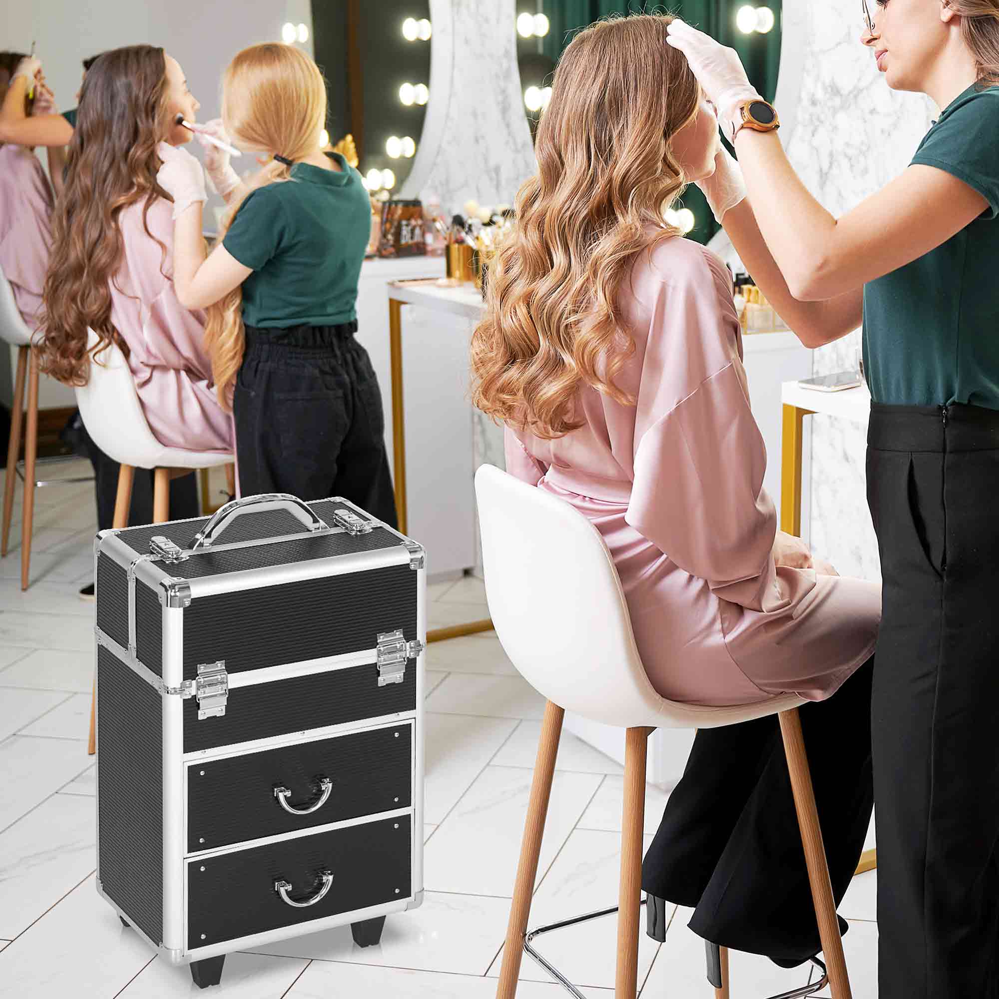 HOMCOM Trolley-Kosmetikkoffer Make-up-Koffer Kosmetikkoffer Vanity Teleskopgriff verstellbar 36L x 23B x 58H cm Alu ABS Schwarz