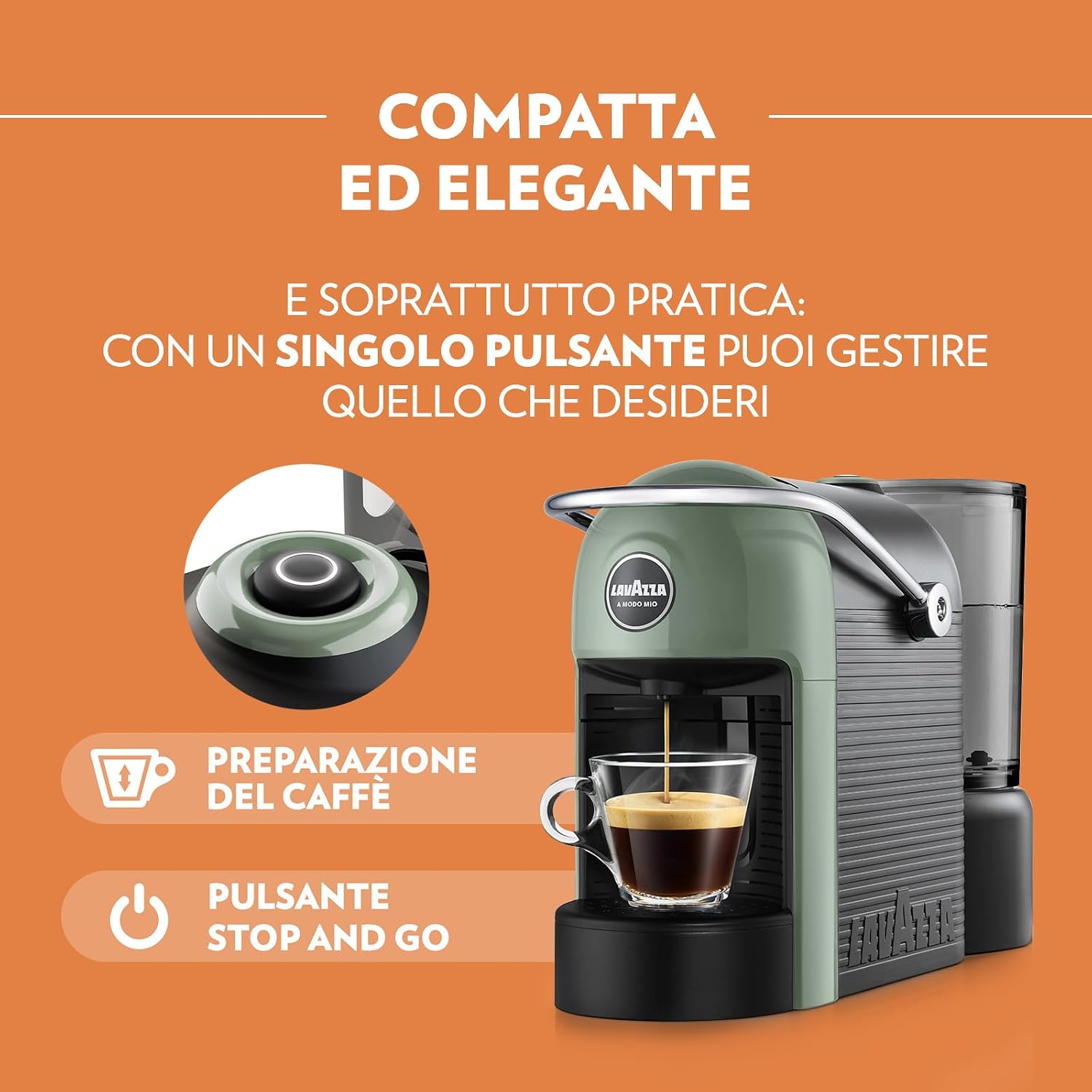 Lavazza, A Modo Mio Jolie Evo, Macchina per Caffè Realizzata con 36% di Plastica Riciclata, Macchina Espresso con 64 Capsule Lavazza, A Modo Mio Crema e Gusto Classico Incluse, Verde