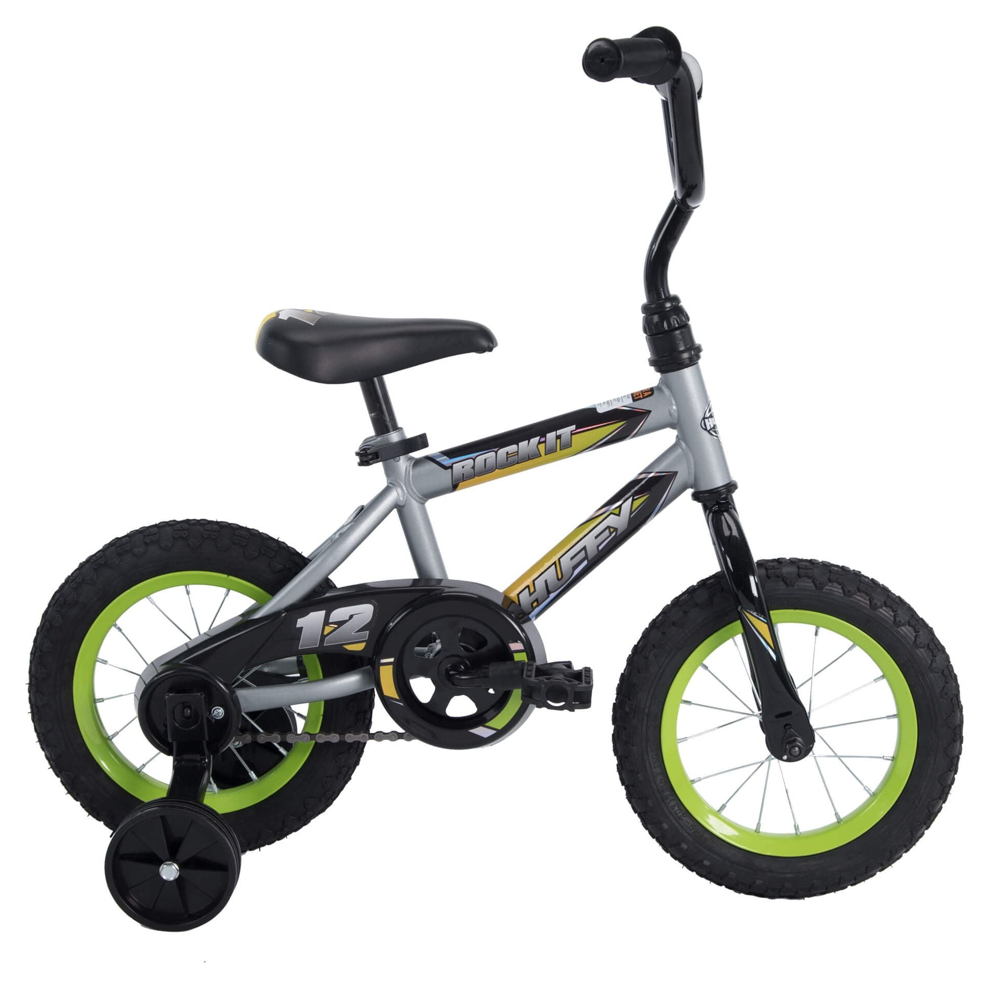 Huffy Rock It Kids Bicycle 12&prime;&prime; Wheels, Grey & Lime, Ages 3 , Training Wheels, Steel Frame