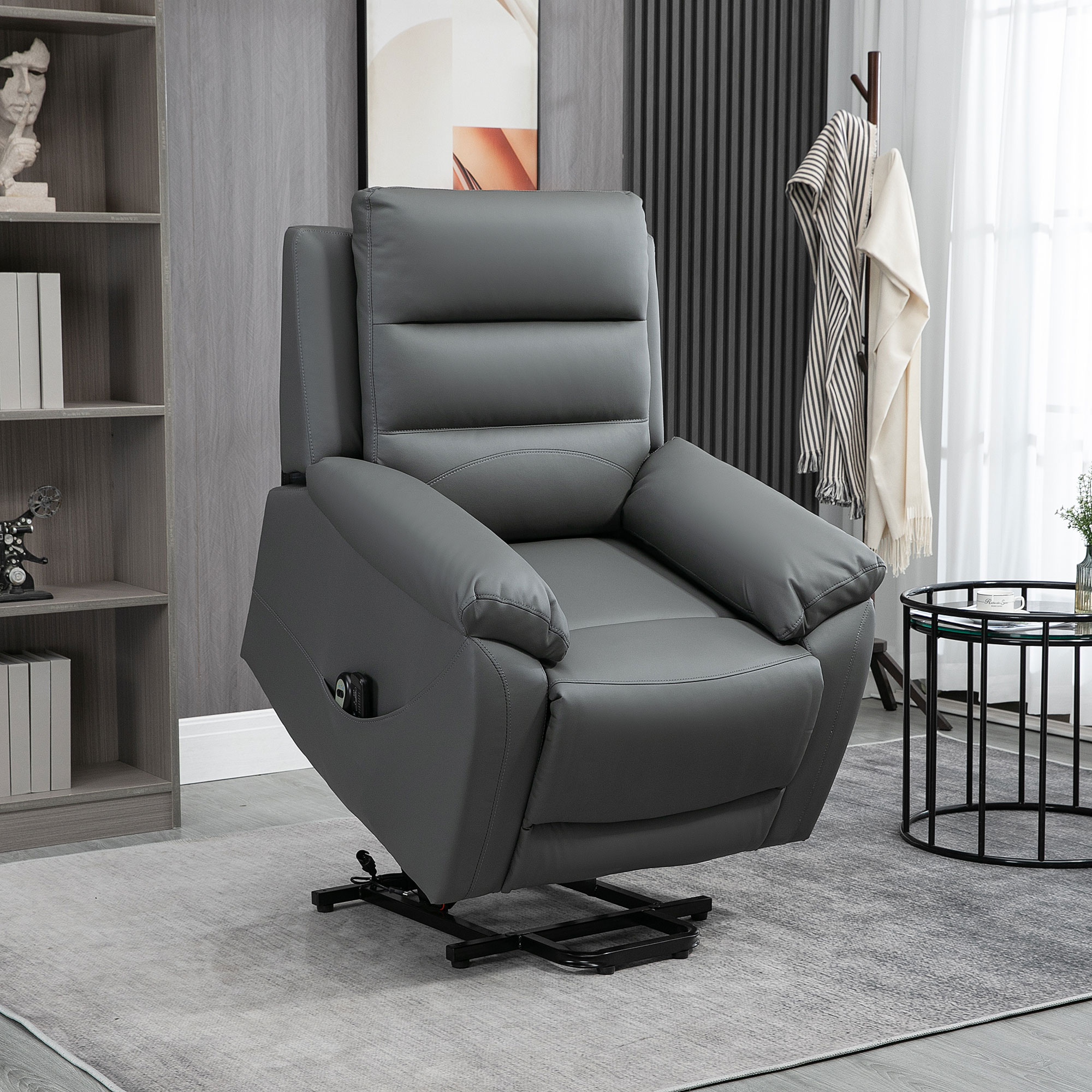 Relaxstoel met Opstahulp, Massagefunctie, Tot 180 kg, Kunstleer, Grijs