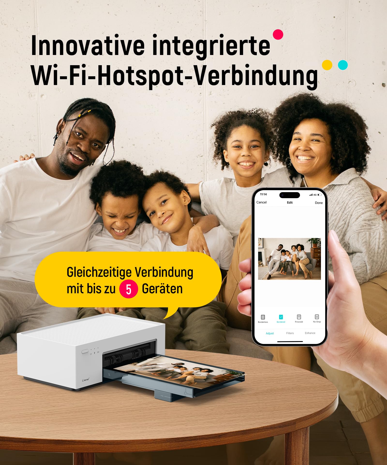 Tragbarer Fotodrucker für Smartphone und PC mit WLAN, 10x15 cm, Farbstoffsublimation, 300 DPI, inkl. 100 Blatt Fotopapier und 3 Patronen