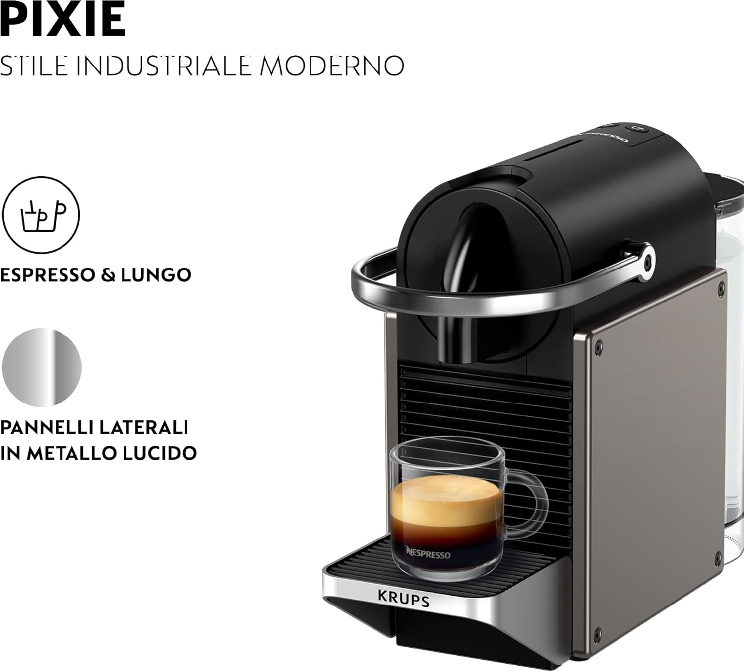 Krups XN306TK Nespresso Pixie Titan, Macchina per caffè Espresso, Ricette Programmabili, 2 Lunghezze, Spegnimento Automatico, 1260 W, 0.7 Litri