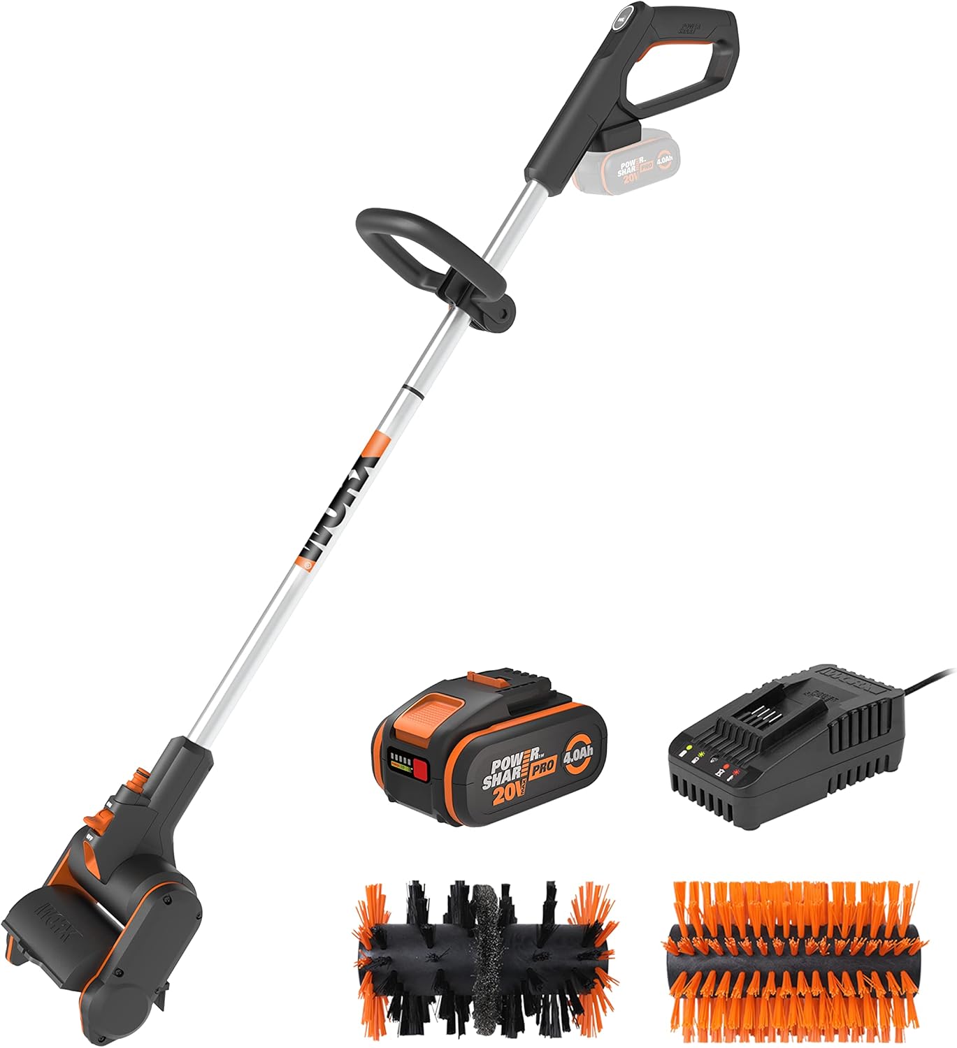 WORX WG441E Akku-Multi-Bürste 20V -multifunktionale Oberflächenbürste für Stein-& Holfzflächenreinigung & Unkrautentfernung -integrierter Wasseranschluss - inkl. 4Ah PowerShare Akku & Schnellladegerät