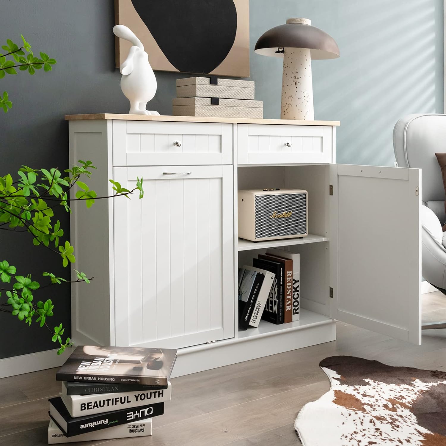 GYMAX Credenza da Cucina, Isola da Cucina con 2 Cassetti, Ripiano Regolabile, Vassoio in Gomma per Sala da Pranzo, Soggiorno, Adatto per Bidone (non incluso) da 42L, 100 x 35 x 90,5 cm (bianco)