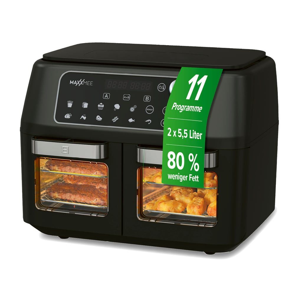 Heißluftfritteuse Doppelkammer 11L 2 x 5,5l digitale Bedienung & Sichtfenster