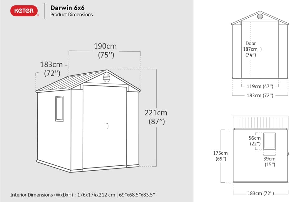 Keter Gerätehaus Darwin 6x6, Grau, Außenmaße 190x183x221cm, wartungsfrei, wetterfest, wasserdicht, mit Unterboden