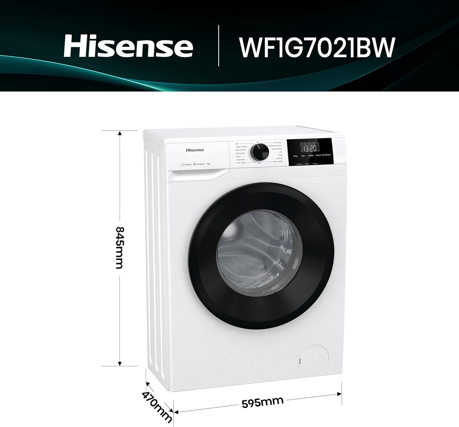 Hisense WFVB7012EM Front Load Washing Machine 7 kg 1200 rpm 15 Programs Steam LED Display Rapid Program Delay Start Child Lock