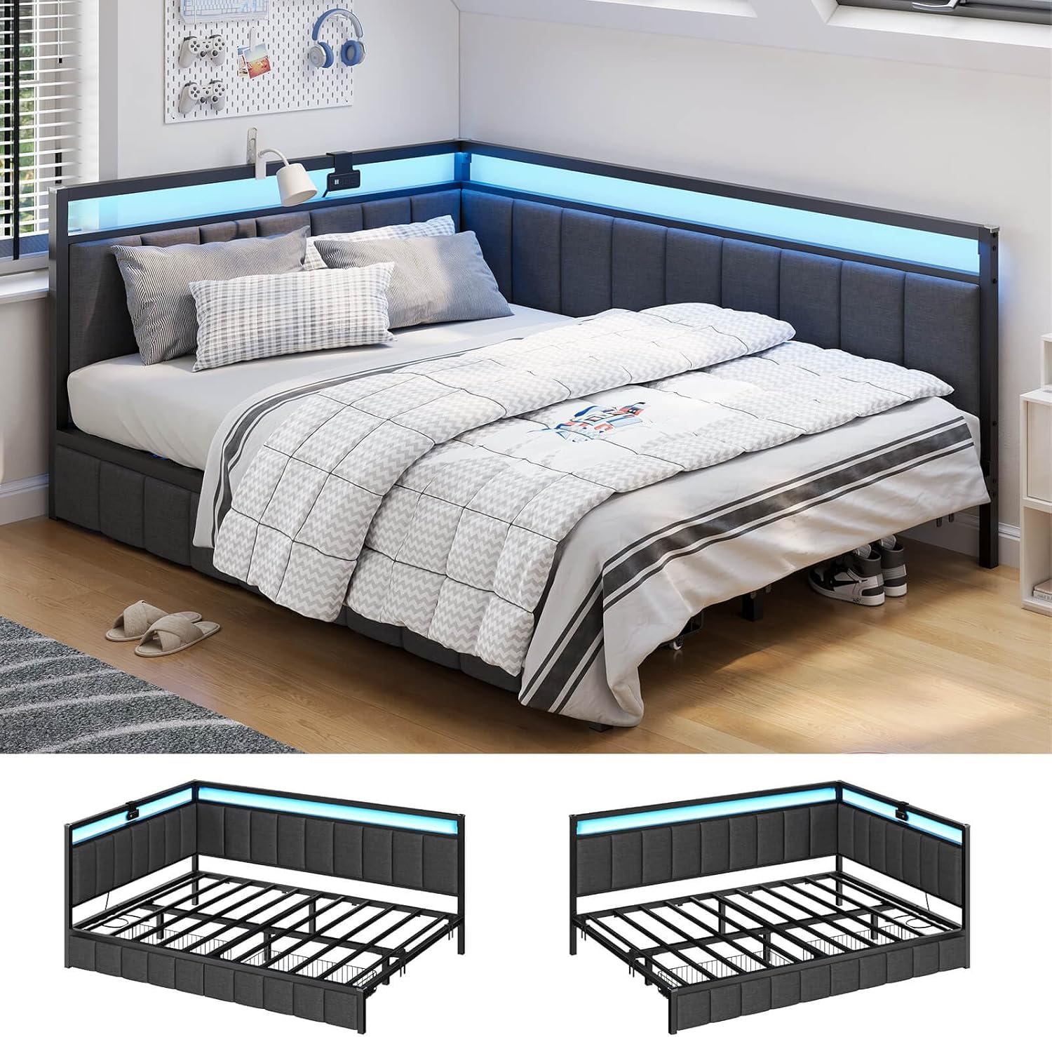 Hasuit Corner Bed Frame with Storage Drawers, Full Daybed with Line Fabric Upholstered Fence, Kids Bed Unit with LED Light and Charging Station, Modern Bed Frame Full Size, Gray