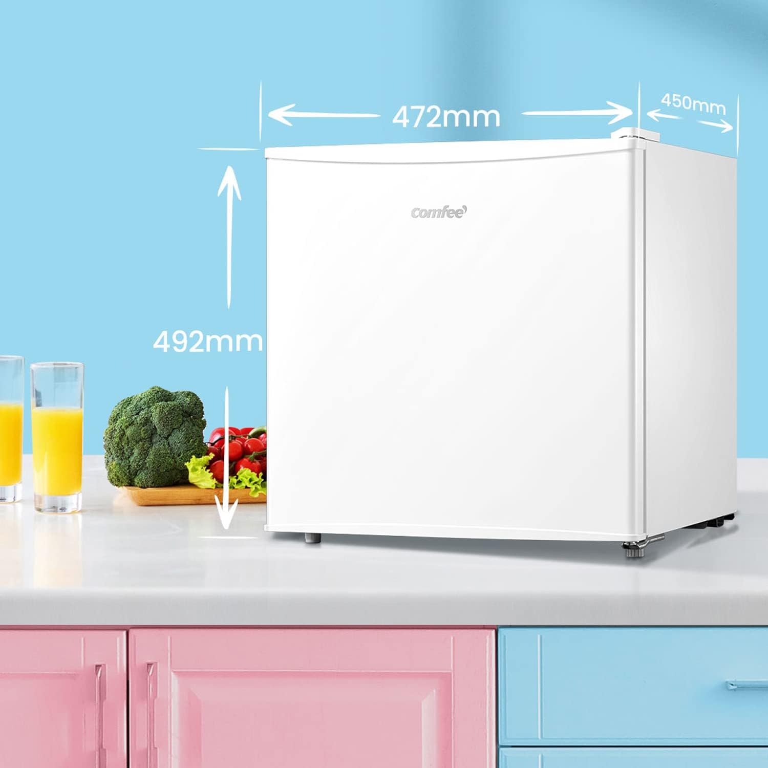 COMFEE' RCD50WH2(E) Mini frigo bar 43L e zona refrigerante, Frigorifero piccolo Monoporta, Silenzioso, Adatto per Hotel, Casa, Ufficio, 47.2 x 45 x 49.2 cm, Bianco