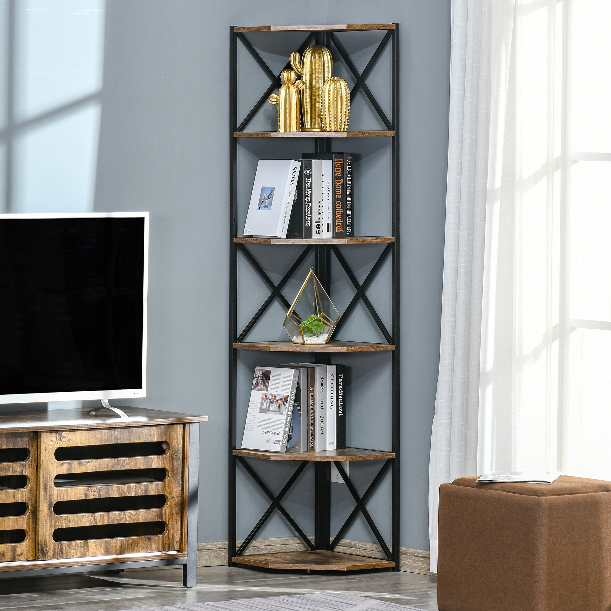 HOMCOM Eckschrank Wandregal, Industriestil Holz und Metallregal mit 5 Regalen, 39x39x175cm, Rustikales Braun