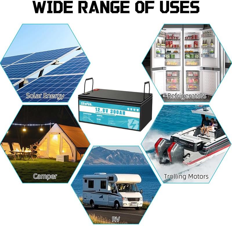 LiFePO4 Batteria da 12V 300Ah al litio ferro fosfato, dotata di BMS da 300 A, durata superiore a 8 anni, adatta per campeggio, energia solare, alimentazione di emergenza, ecc.
