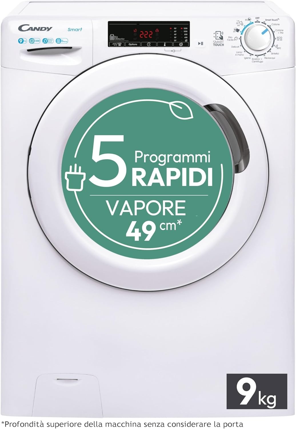Candy Smart Lavatrice 9kg, carica frontale Classe B, 1200 giri, 16 Programmi, Cicli Rapidi, Partenza Ritardata, Sensore Kilo detector, Connessa NFC, 60 x 52 x 85 cm, Bianco – CSS129TW4-11