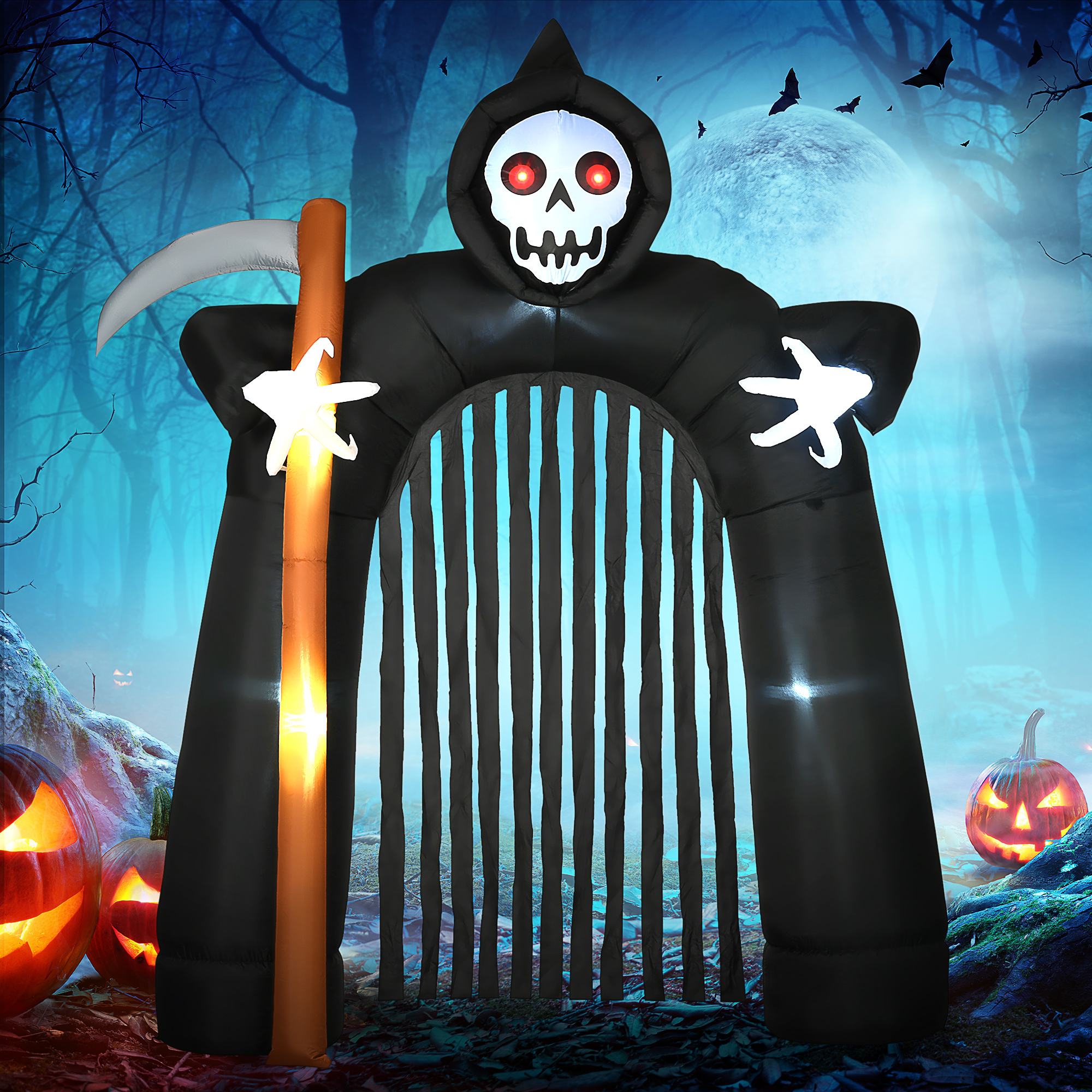 Grote Halloween Tuindecoratie Magere Hein-boog Zelfopblaasbaar met LED-verlichting 2,85 m