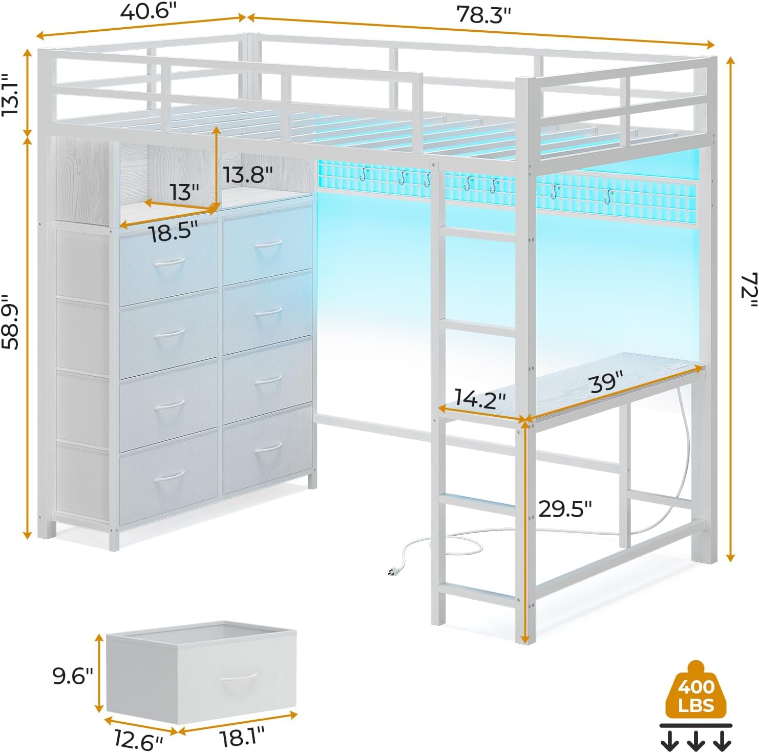 ADORNEVE Twin Size Loft Bed with Desk and 8 Storage Drawers, Metal Kids Loft Bed Twin with LED Lights & Charging Sation, Storage Shelves, 13.1