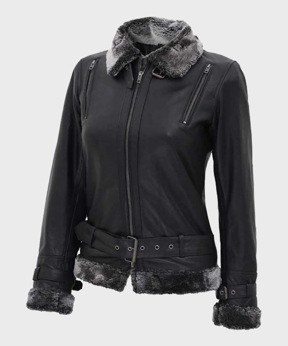 Womens Black Leather Shearling Jacket