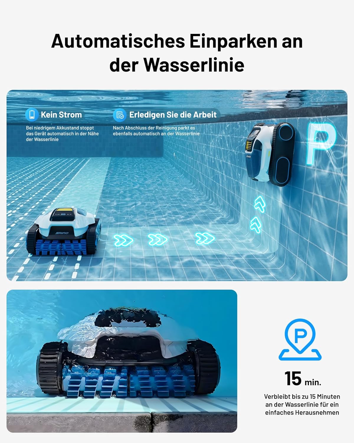Spino E1 Poolroboter Akku Boden und Wand, 210 Min Kabellos Poolsauger, Max 21950 LPH, Poolreiniger mit 5 Reinigungsmodi, Auto Wasserlinien Parkfunktion & SmartArc Routenplan,bis 150㎡ (E1)