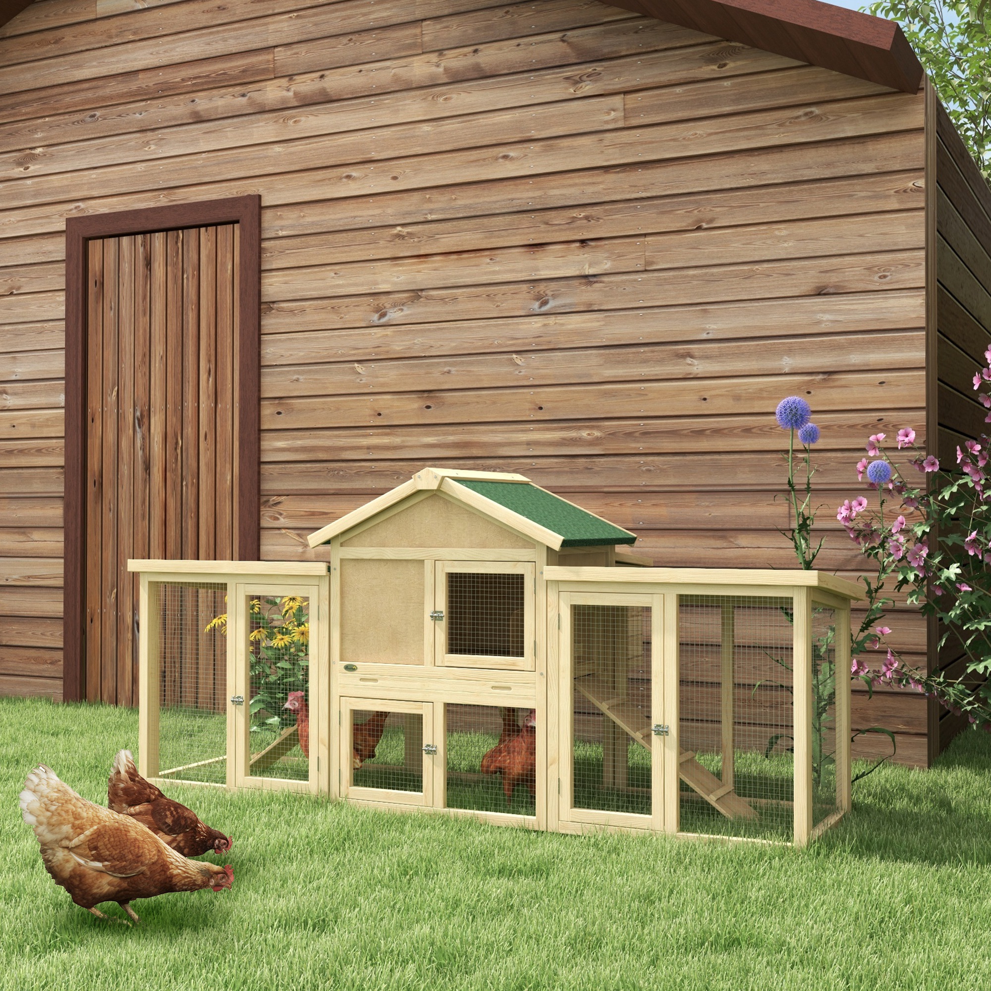 PawHut Hühnerstall mit Freigehege, inkl. Nistkasten, Rampe und Bodenwanne Tannenholz Naturholz