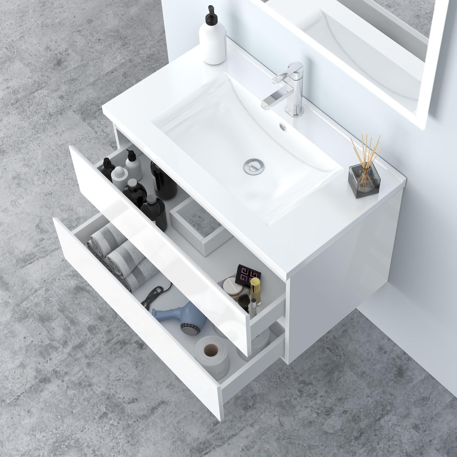 Badezimmermöbel 80cm Keramik Waschtisch mit Unterschrank Badmöbel Set Badezimmerschränke mit 2 Soft-Close Schubladen Hochglanz Weiß