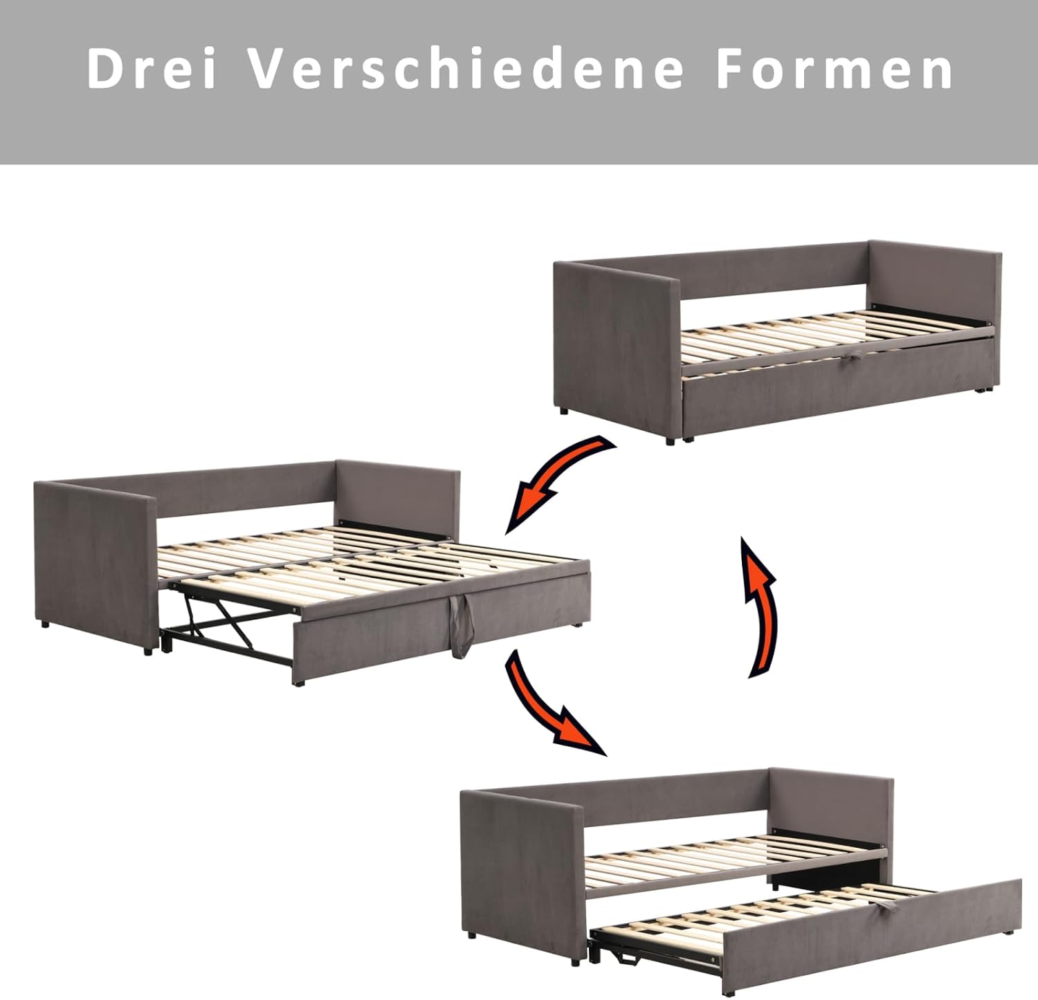 Divano letto estensibile 90/180 x 200 cm, letto matrimoniale, singolo con estraibile, con rete a doghe, tessuto in velluto delicato sulla pelle, Nessun materasso, grigio