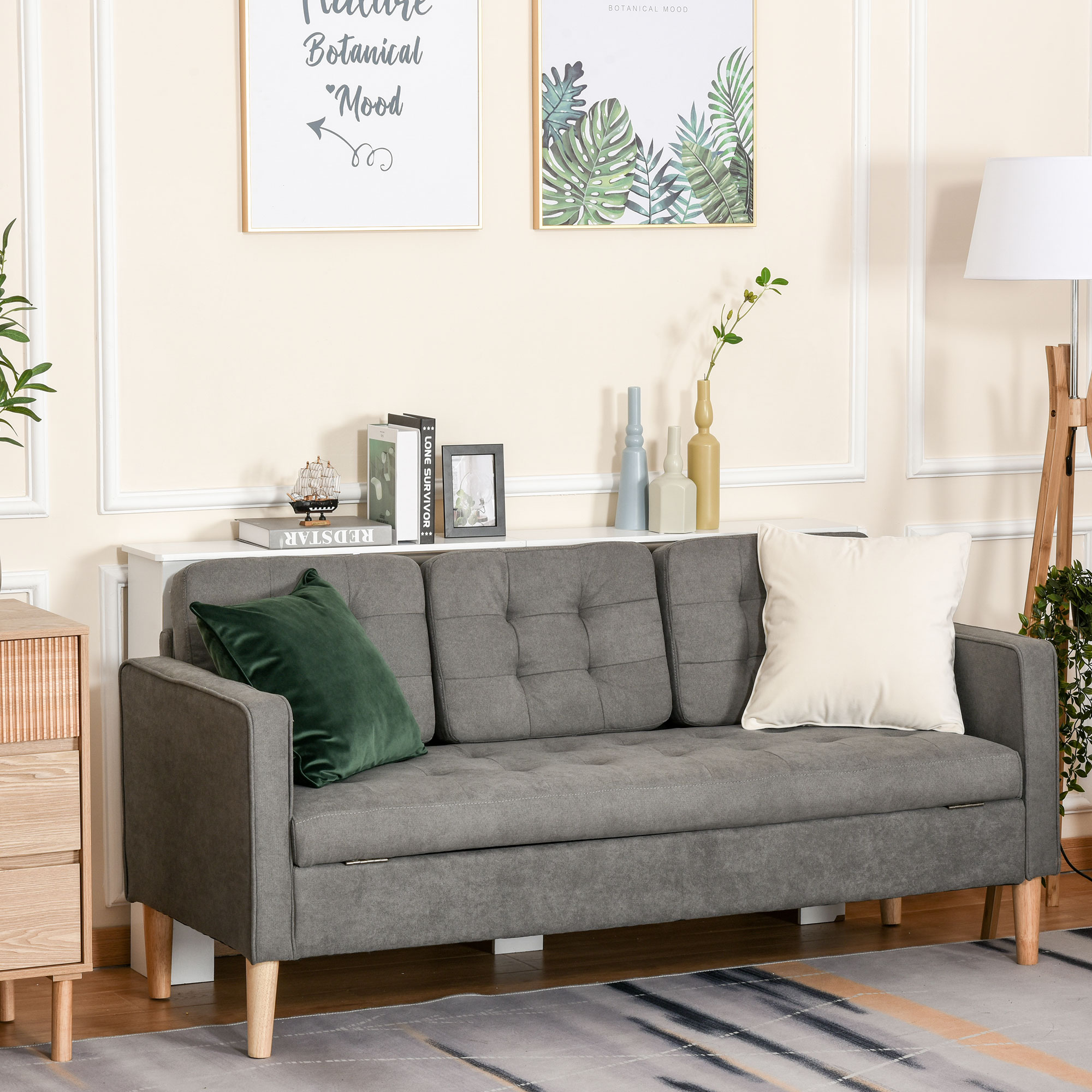 HOMCOM 3 Sitzer Sofa, Couch mit Stauraum, Holzbeine, Gepolsterter Polstersofa mit Samtoptik für Wohnzimmer, Schlafzimmer, 166,5 x 62 x 82 cm, Grau