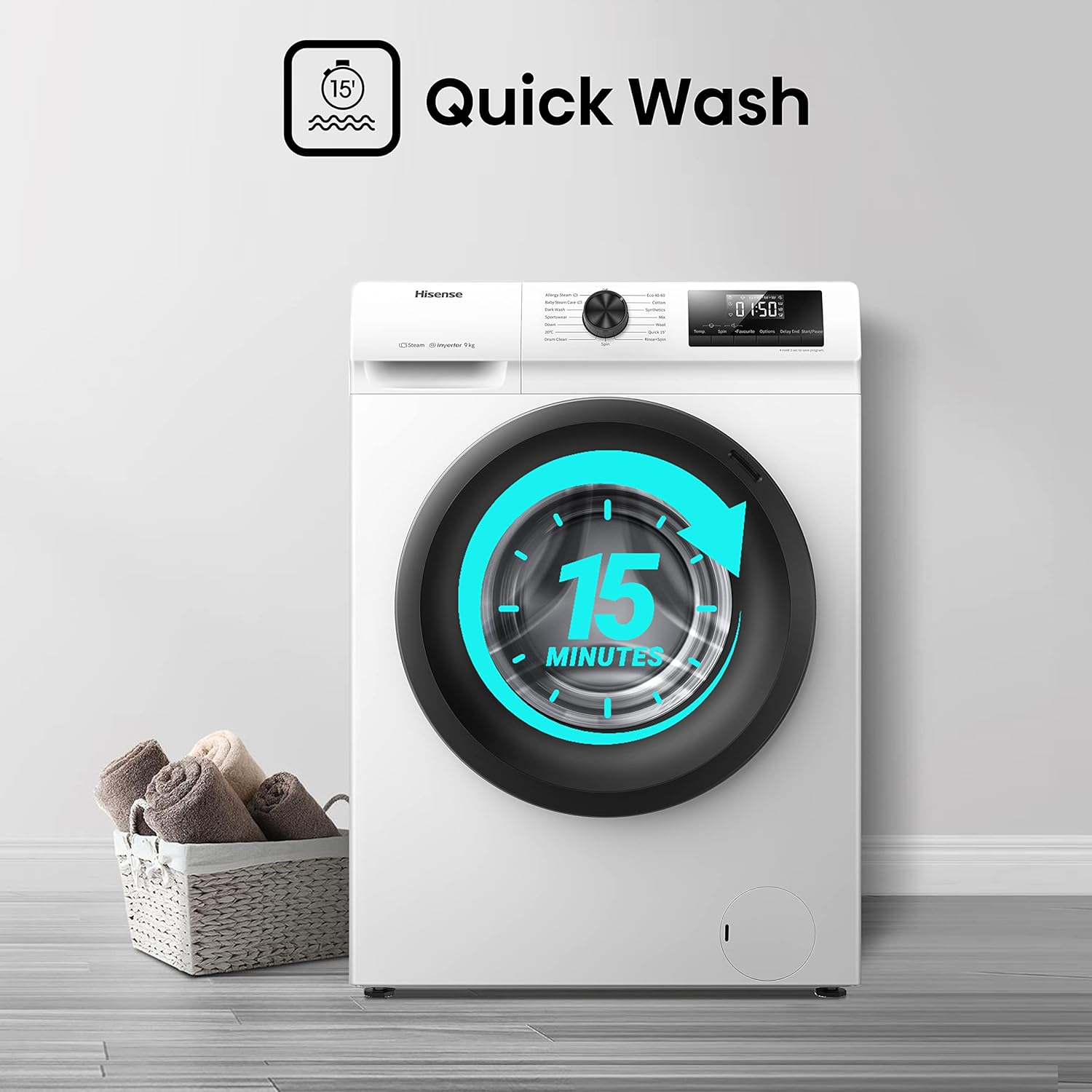 Hisense WFVB7012EM Front Load Washing Machine 7 kg 1200 rpm 15 Programs Steam LED Display Rapid Program Delay Start Child Lock