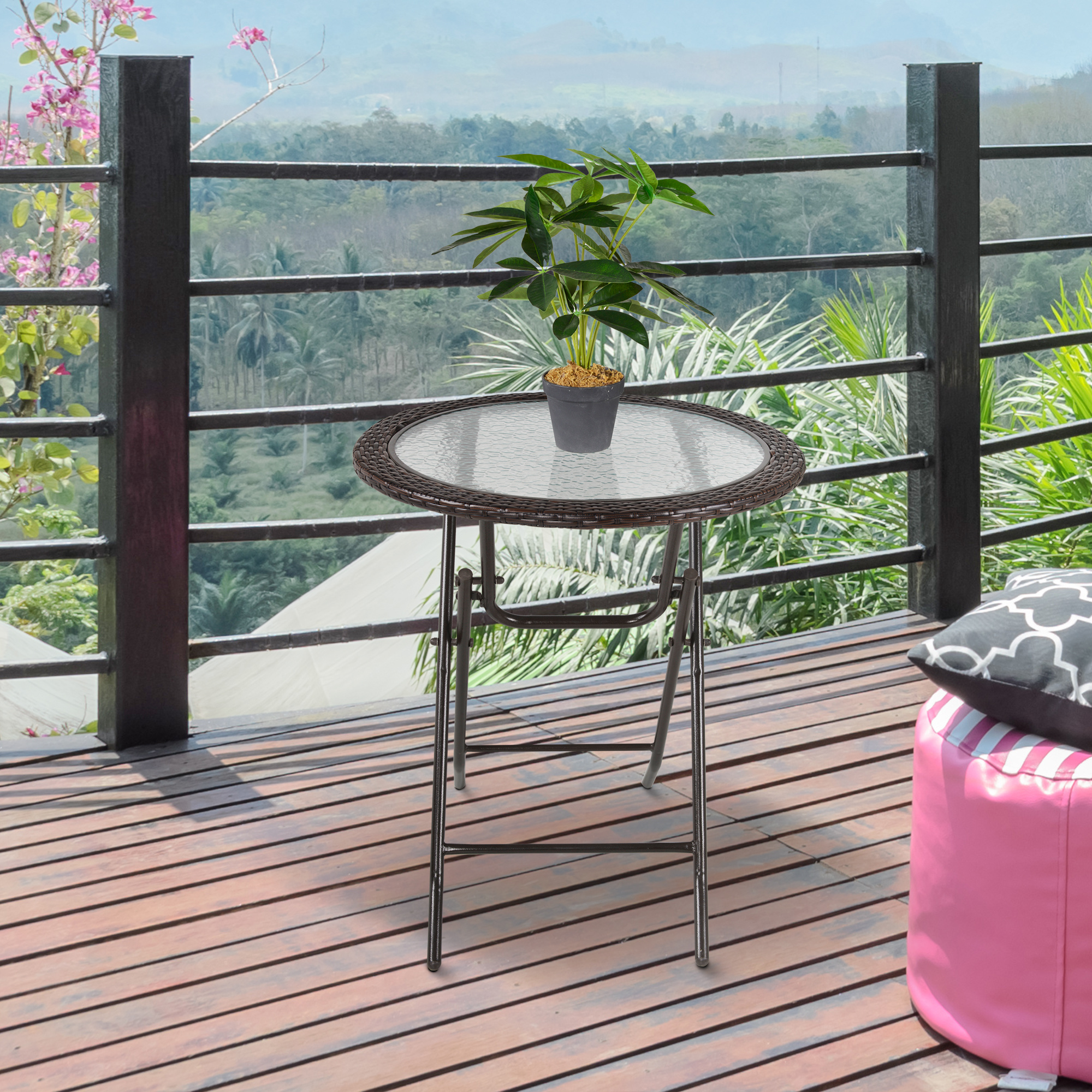 Outsunny Gartentisch, klappbar, Hartglastischplatte, Stahlrahmen, Rattan-Dekor, braun, 68 x 68 x 73 cm