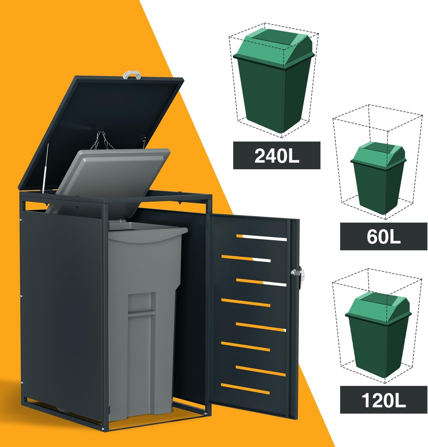 Mülltonnenbox 4er für 120L/240L, Mülltonnenverkleidung aus Pulverbeschichtetem Metall, Abschließbar, Wetterfest, mit Gasdruckdämpfern, Anthrazit