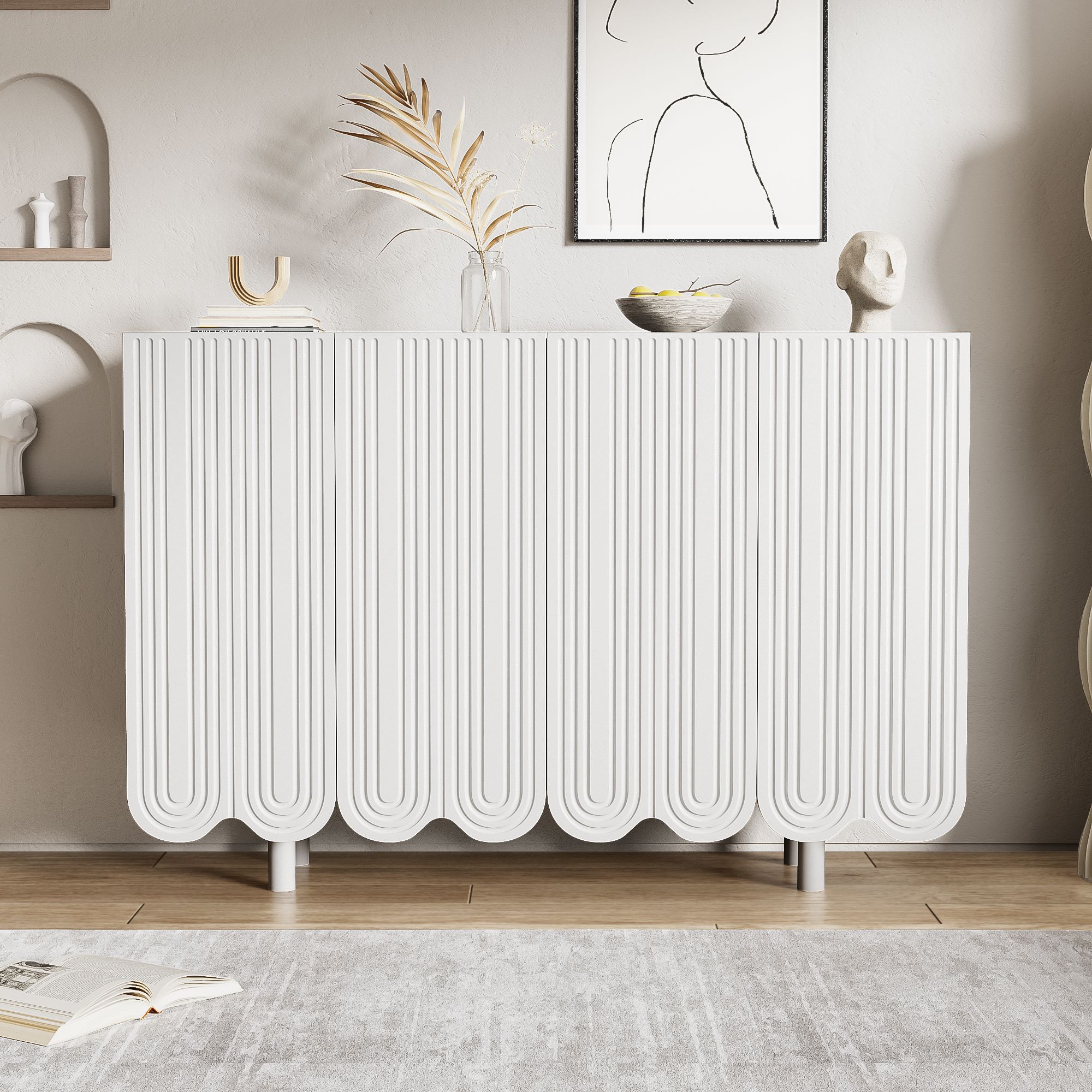 Sideboard mit tropfenförmigen Türen, Pufferscharnier und internen Regalen, 120×37,5×80,8 cm, Weiß