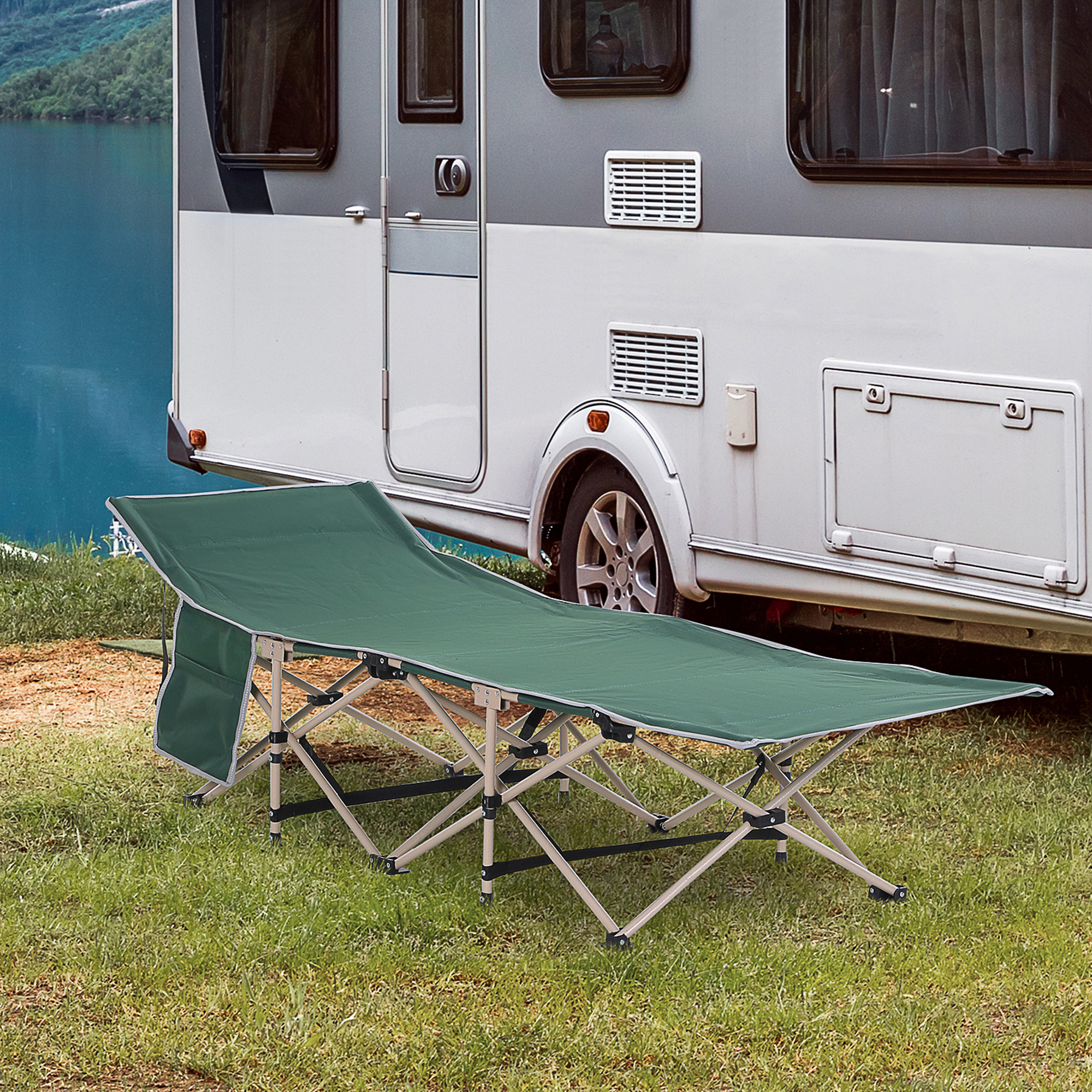 Outsunny Feldbett, Camping-Bett, klappbar, wetterbeständig, ink. Tragetasche, 190 cm x 68 cm x 52 cm, Grün + Beige