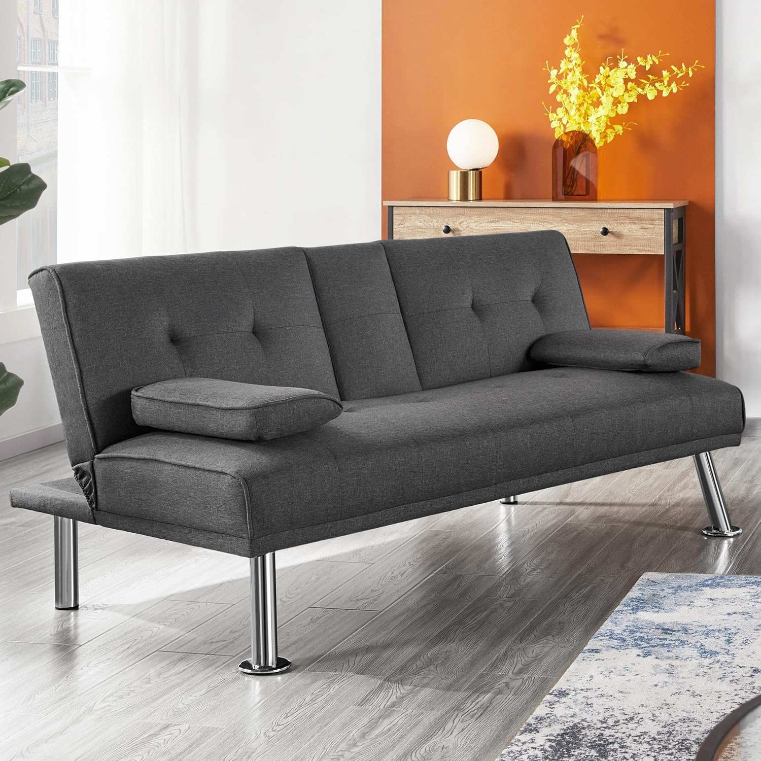 Yaheetech Divano Convertibile in Letto con 2 Cuscini Divano Letto Pieghevole 3 in 1 Mobile Arredamento con Piccolo Tavolino 167 × 81,5 × 75 cm da Soggiorno in Tessuto Grigio Scuro