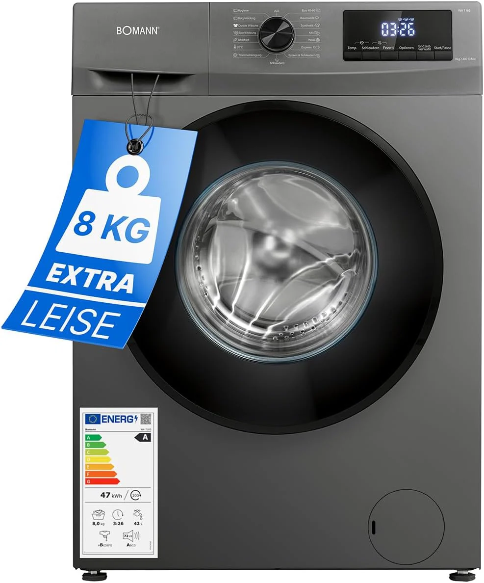 Bomann? Waschmaschine 8kg | max. 1400 U/min | 10 Jahre Motor-Garantie | robuster, leiser & langlebiger Invertermotor | 15 Waschprogramme | LED-Display | mit Dampffunkt. | WA 7185 Titan - Schwarz