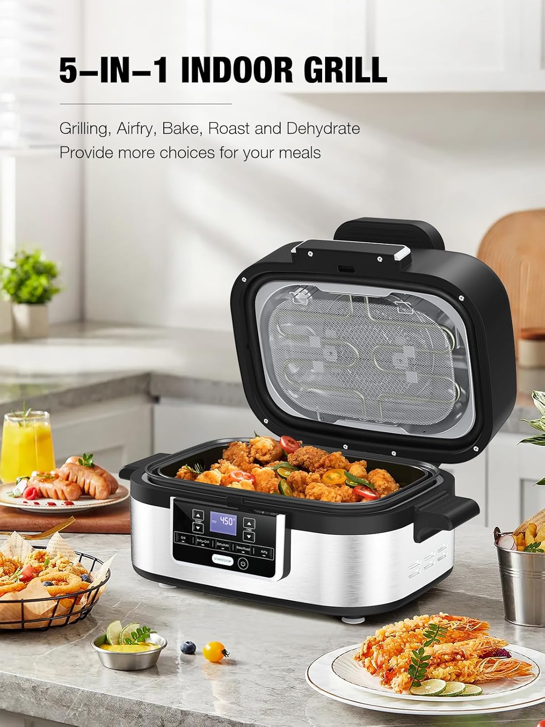 5 IN 1 5QT  Indoor Air Fry, Crisps, Roasts, Reheats, & Dehydrates, for Quick, Easy Meals,Nonstick，Black