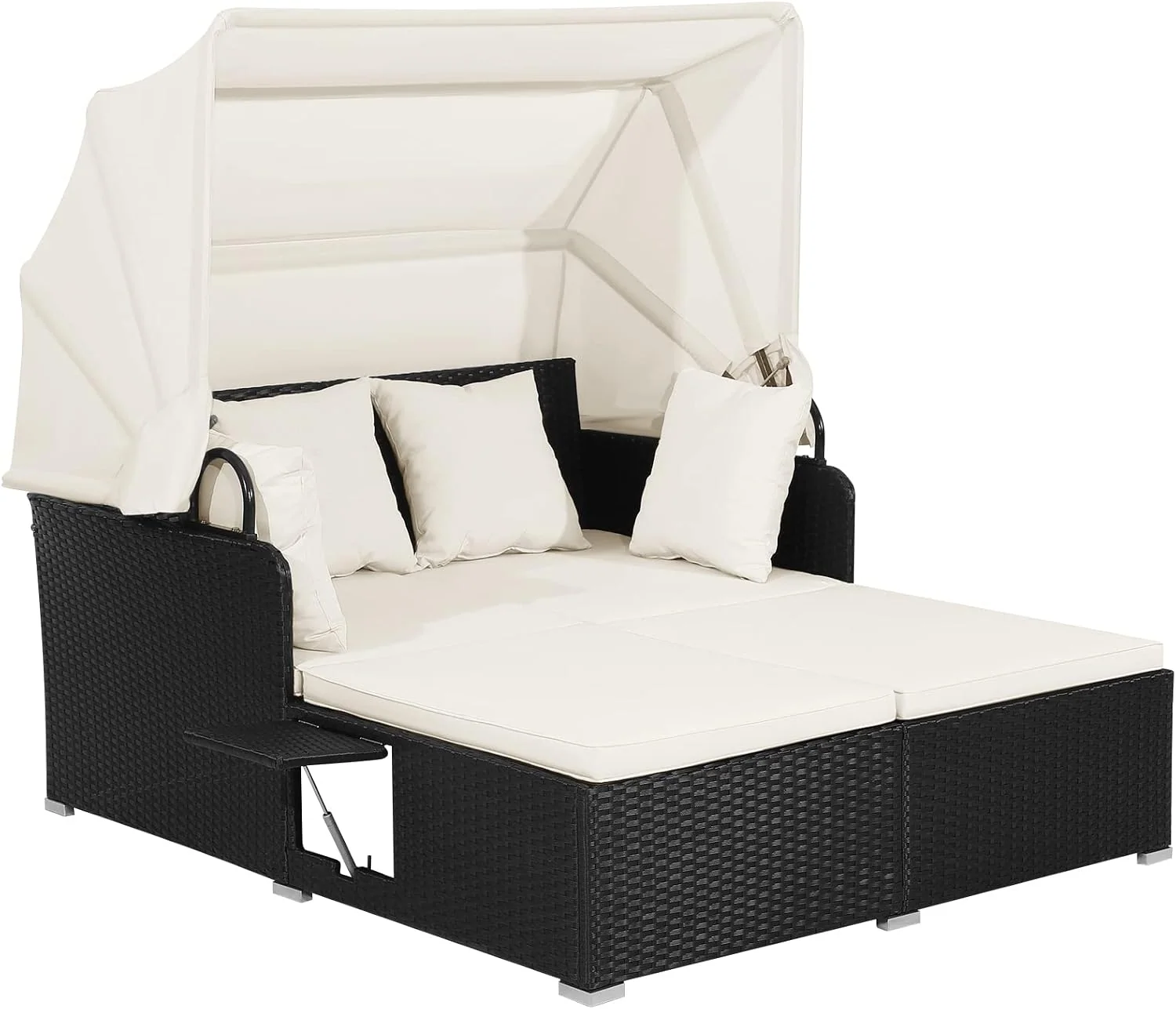 GIANTEX Liegen, Beige, Sonneninsel Sonnenliege Set Rattan, Gartenliege 2 Personen mit faltbarem Sonnendach