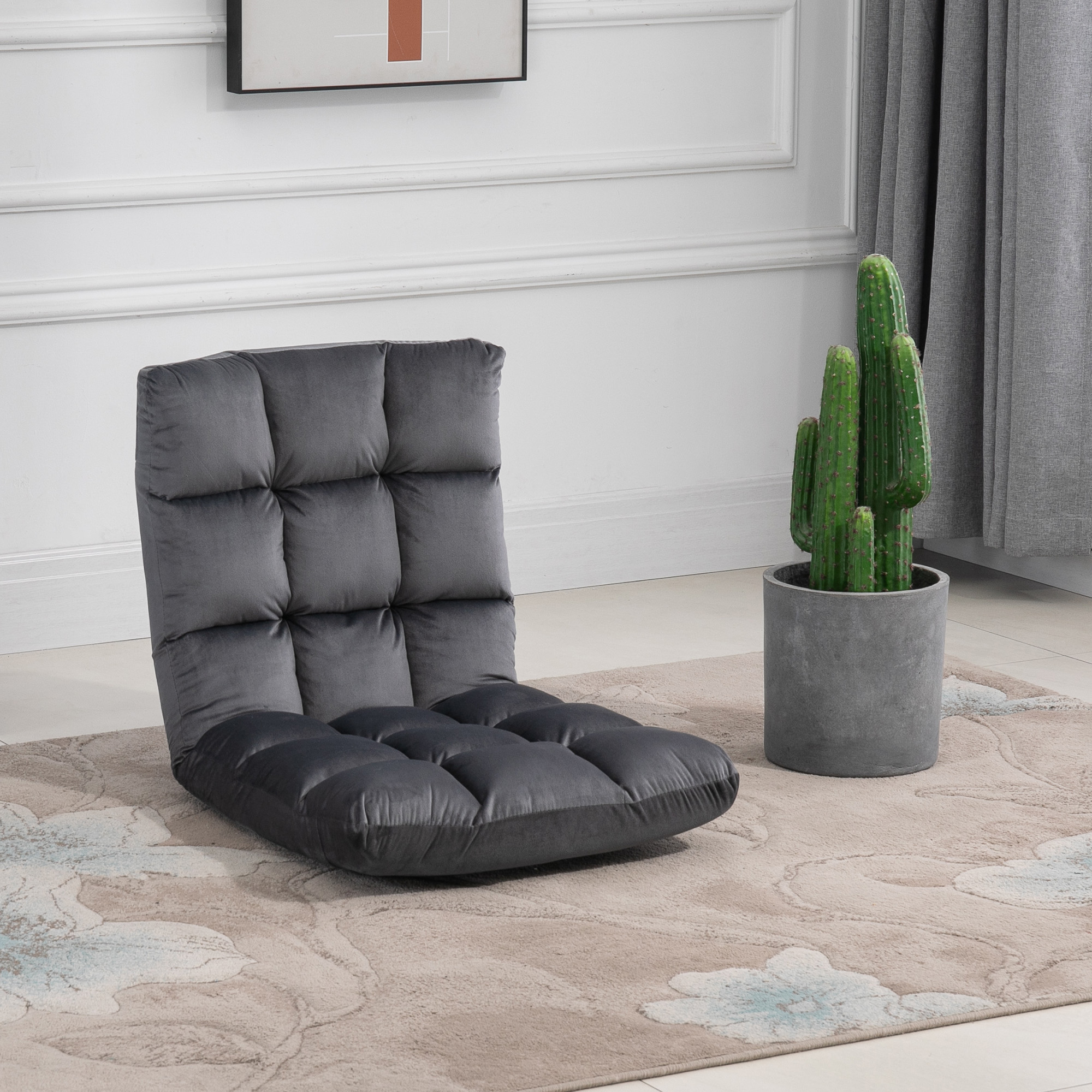 HOMCOM Sessel Gästematratze Bodensessel, verstellbare Rückenlehne, Velouroptik, 55 cm x 71 cm x 53,5 cm, Grau