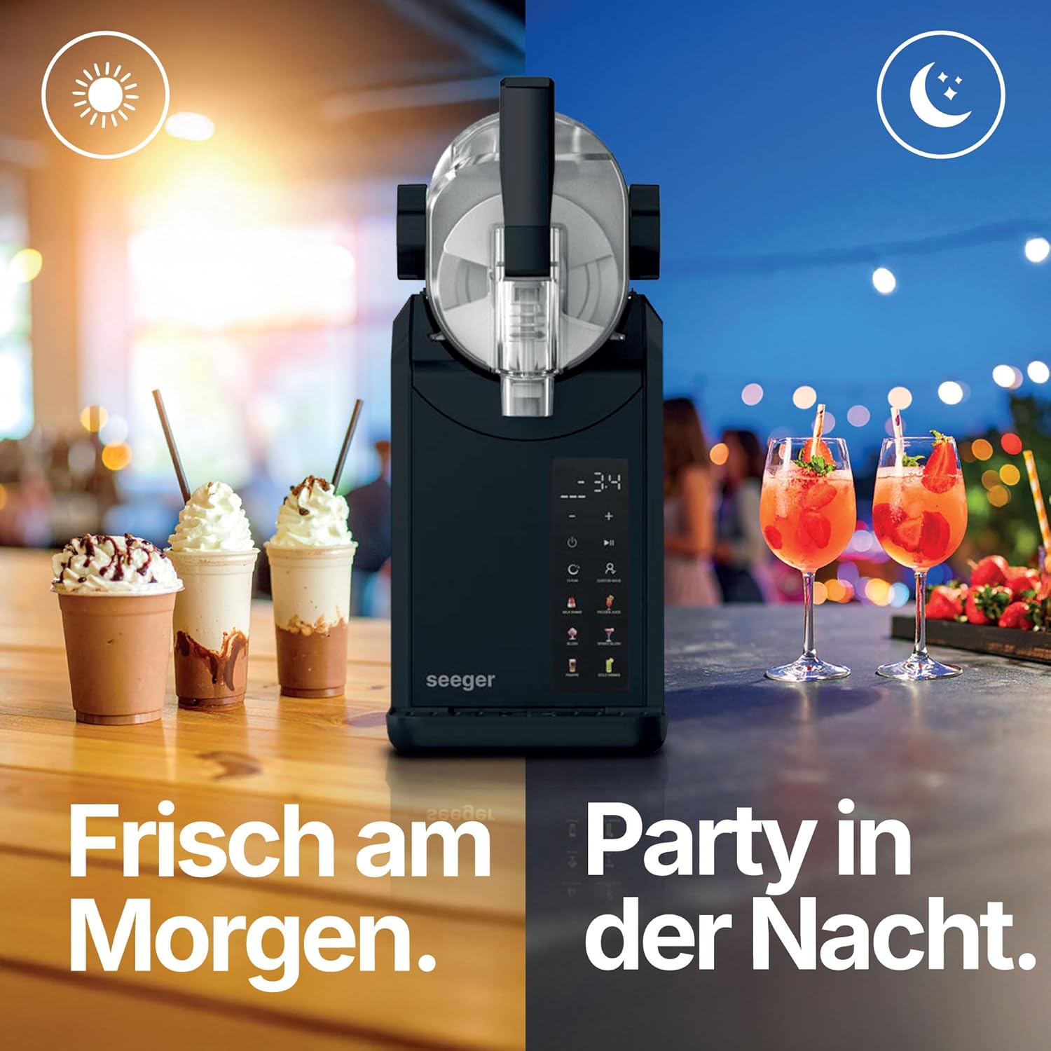 Seeger SuperSlush, 2L 7-in-1 Slush Maschine für zu Hause, 7 Smarten Programma, Automatische Reinigung und InstantFreeze 15 min Technologie, Slushi, Eis-Cocktails, Frappé, Milchshakes, Schwarz