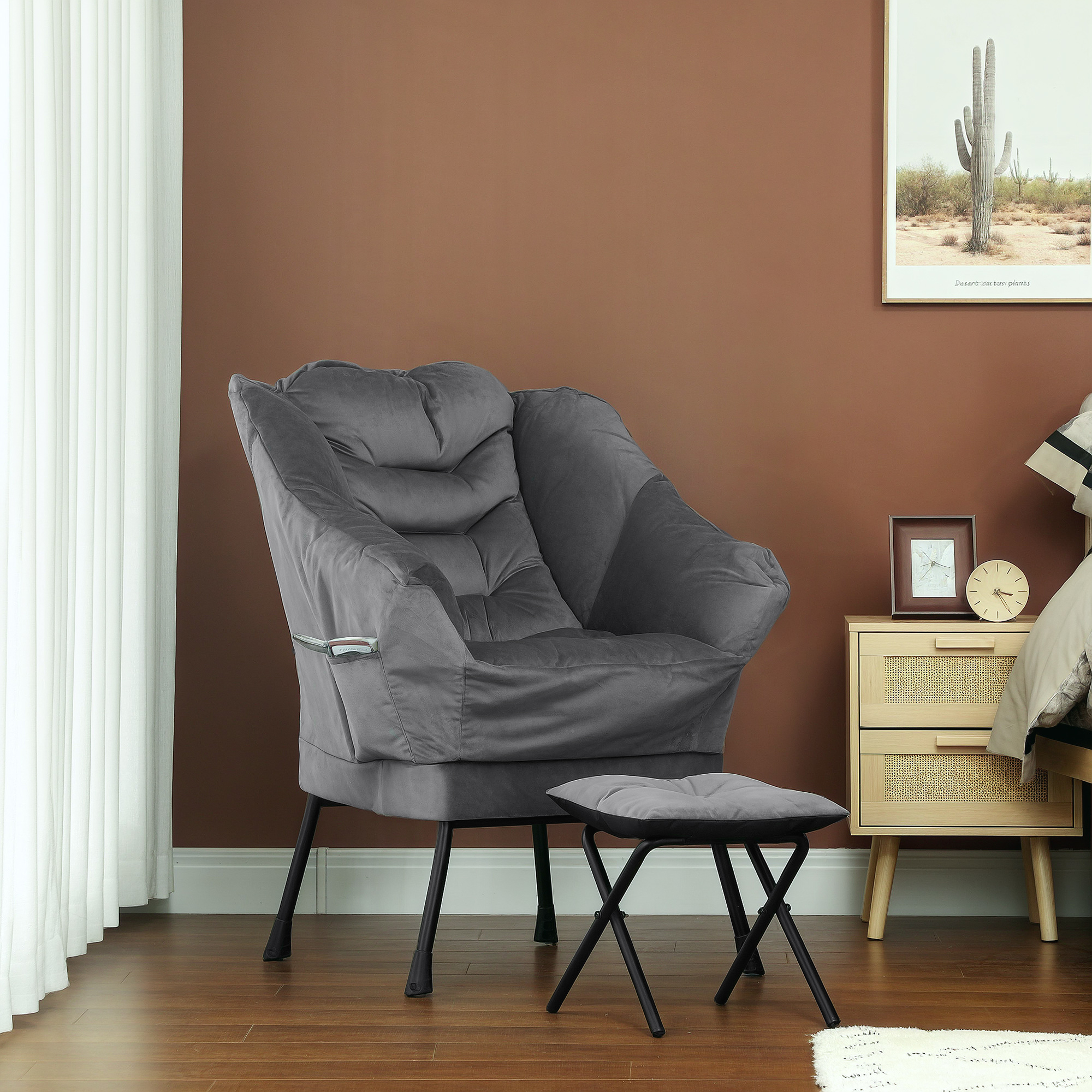 HOMCOM Moderner Sessel mit Fußhocker und 2 Seitentaschen, aus samtartigem Stoff und Stahl, 80x78x100 cm, Grau