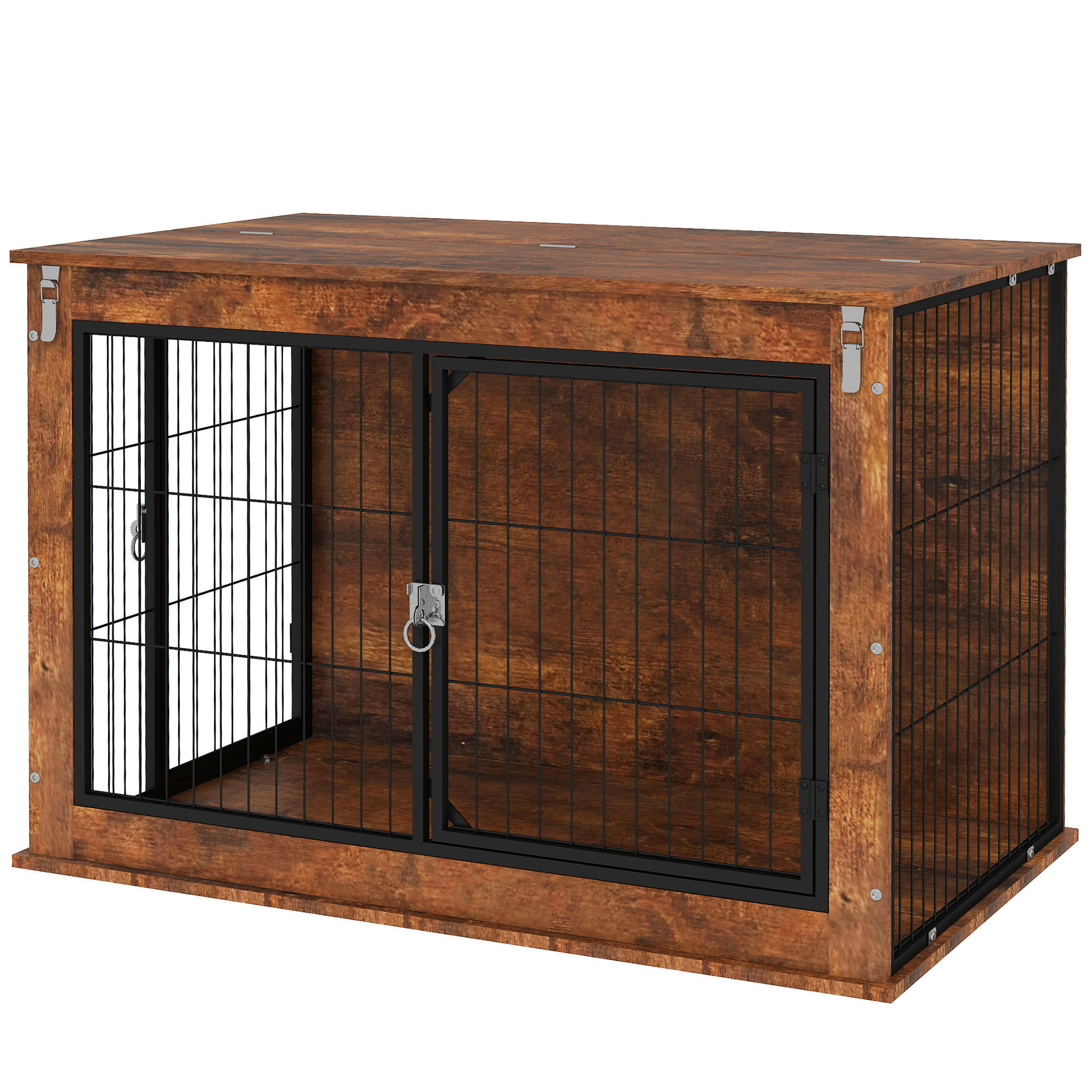 Hondenbox, Transportbox voor honden, Verblijfsbox, voor huisdieren, 2 afsluitbare deuren, 98 x 60 x 65,5 cm, Bruin