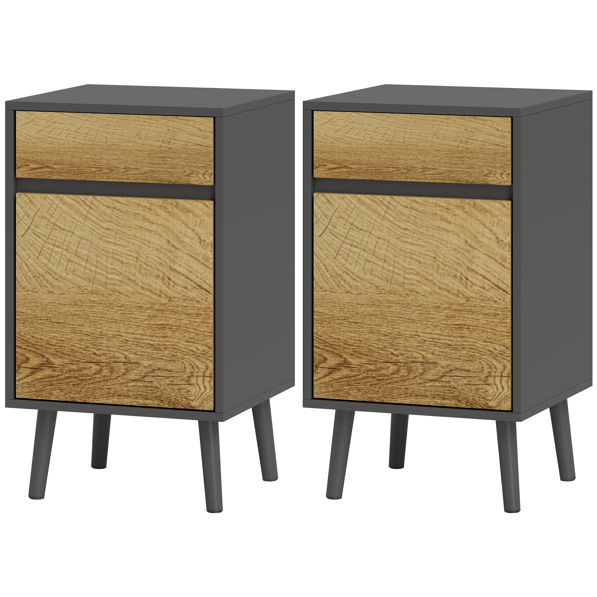 HOMCOM Set von 2 Nachttischen Nachttisch mit Schubladen und Schrank, moderner Stil, 40 x 39 x 69 cm, Dunkelgrau