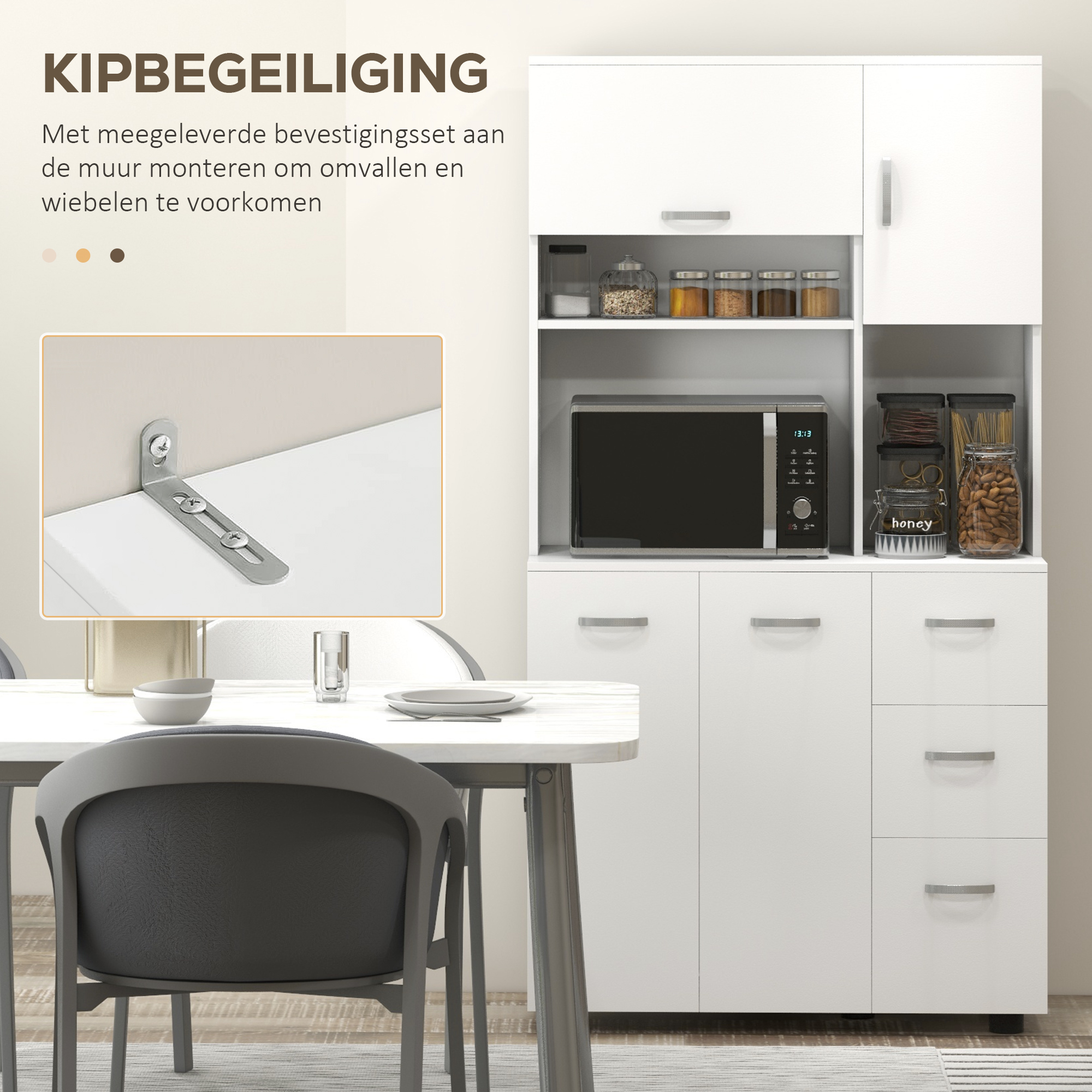Keukenkast, Buffet, 3 Laden, 3 Planken, Veel Opbergruimte, 89x39,5x168cm, Wit